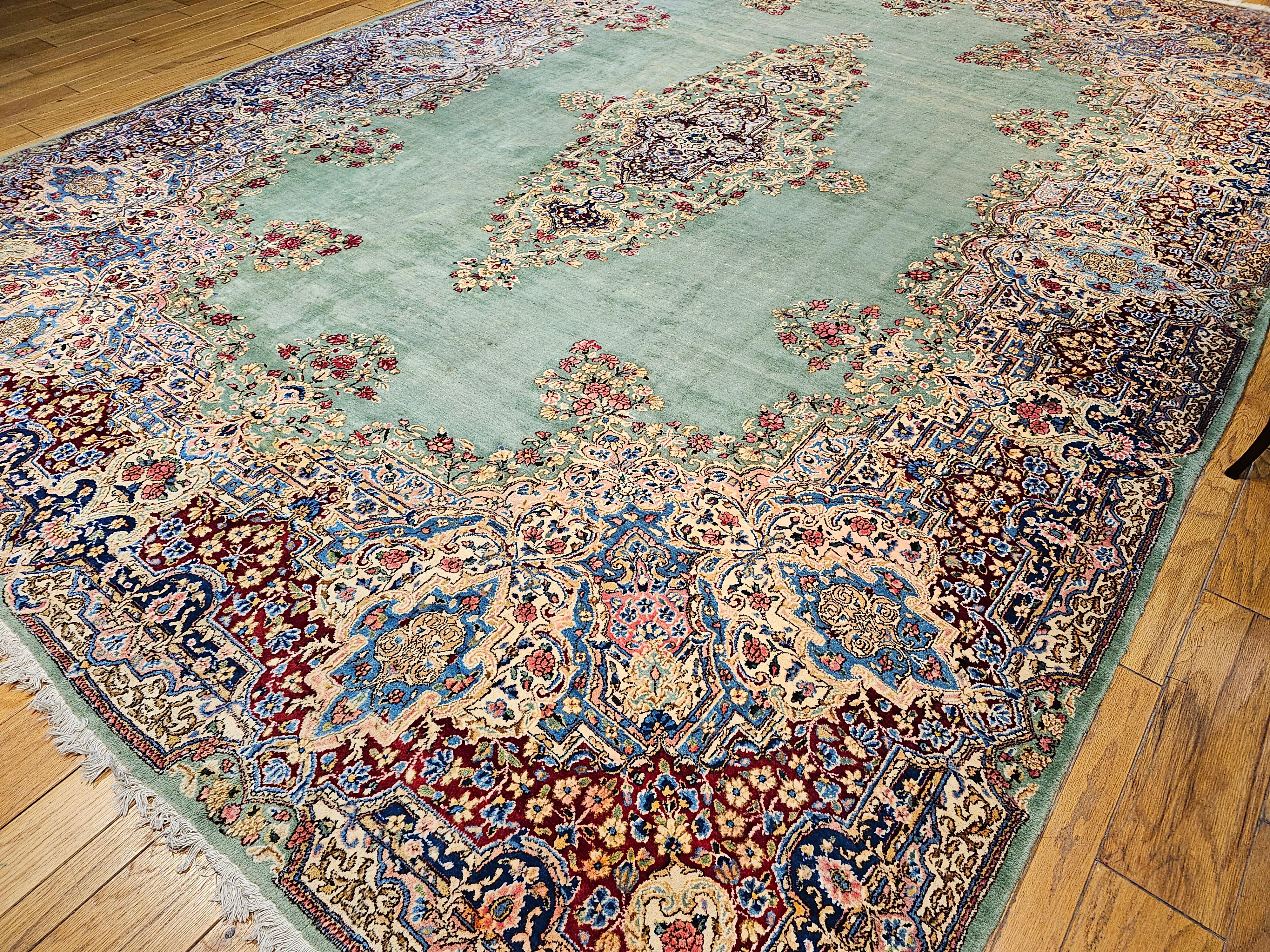 Vintage Oversize Persian Kerman in Floral Pattern in Pale Green, Red, Blue, Pink For Sale 6