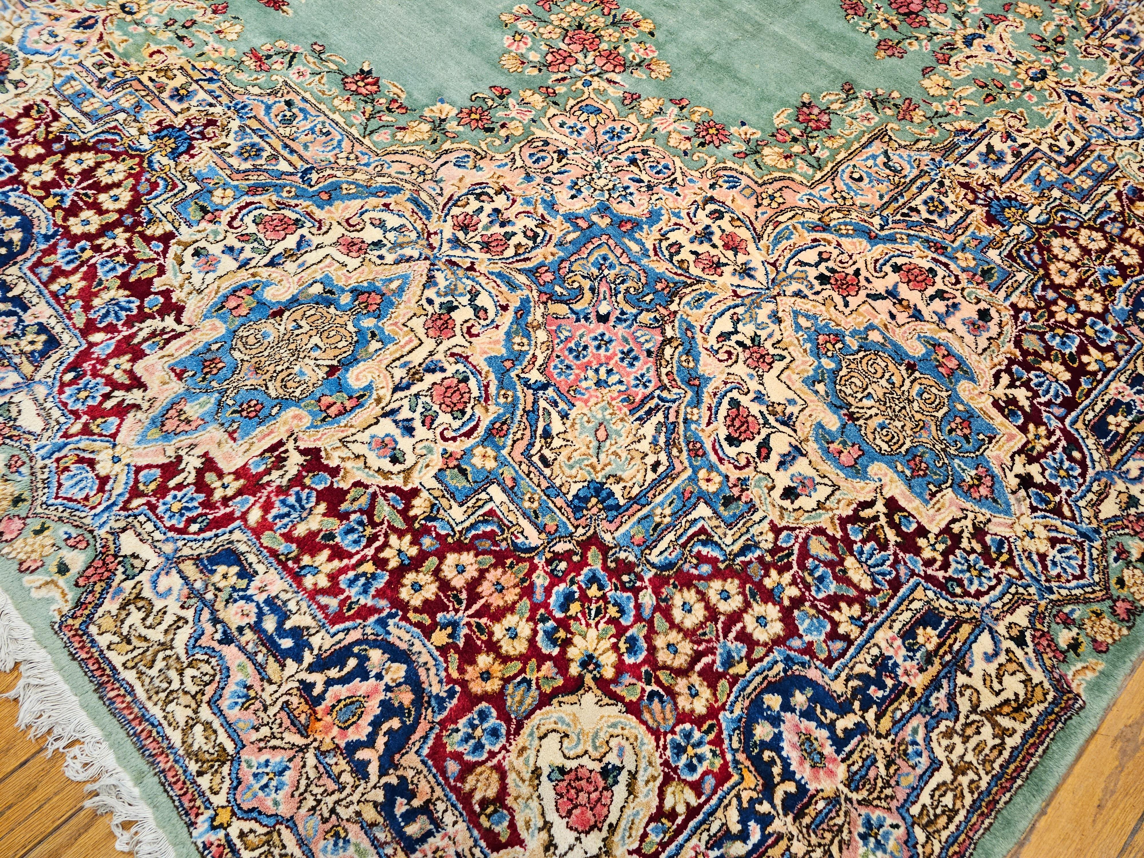 Vintage Oversize Persian Kerman in Floral Pattern in Pale Green, Red, Blue, Pink For Sale 7