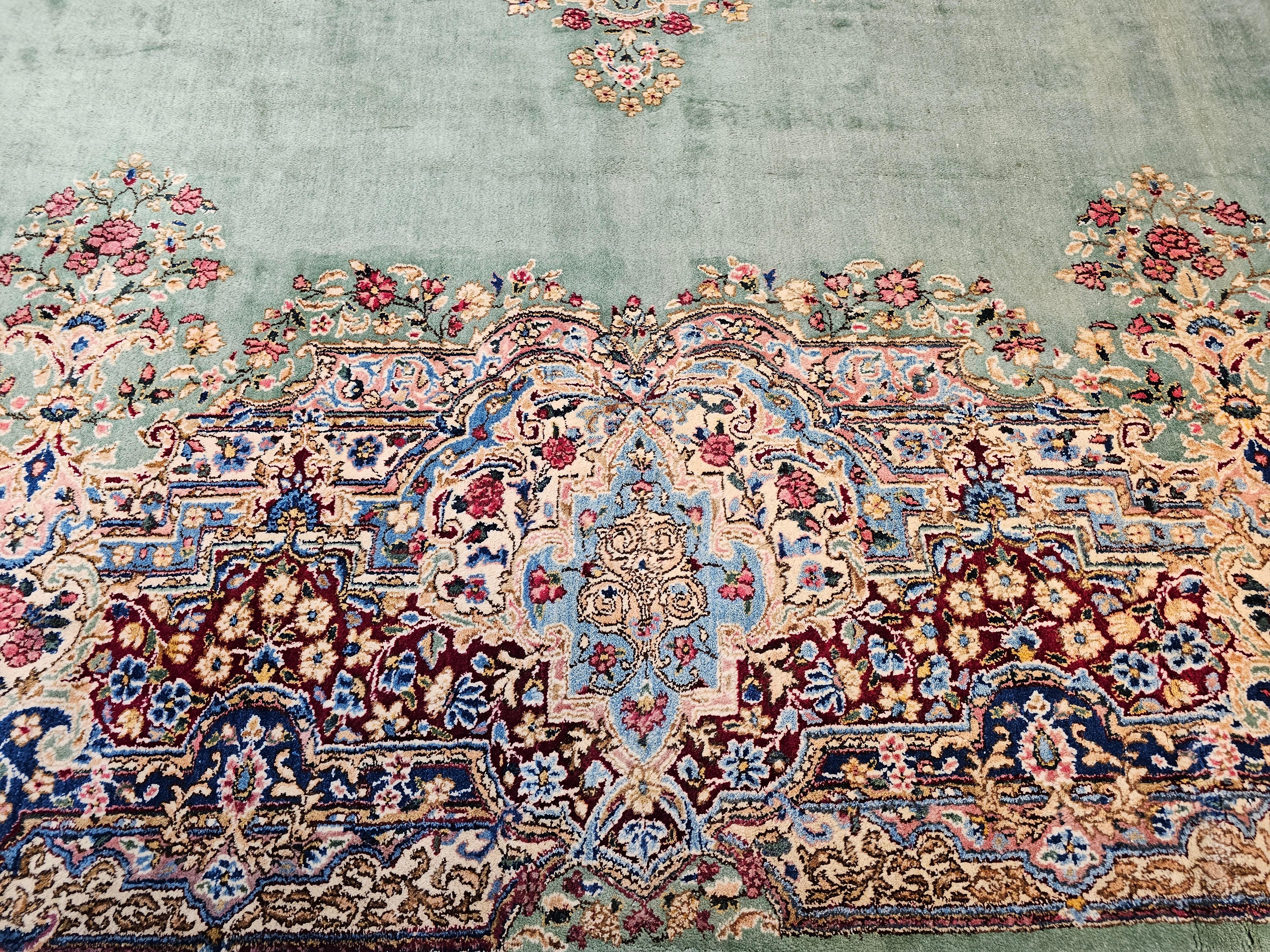 Vintage Oversize Persian Kerman in Floral Pattern in Pale Green, Red, Blue, Pink For Sale 8