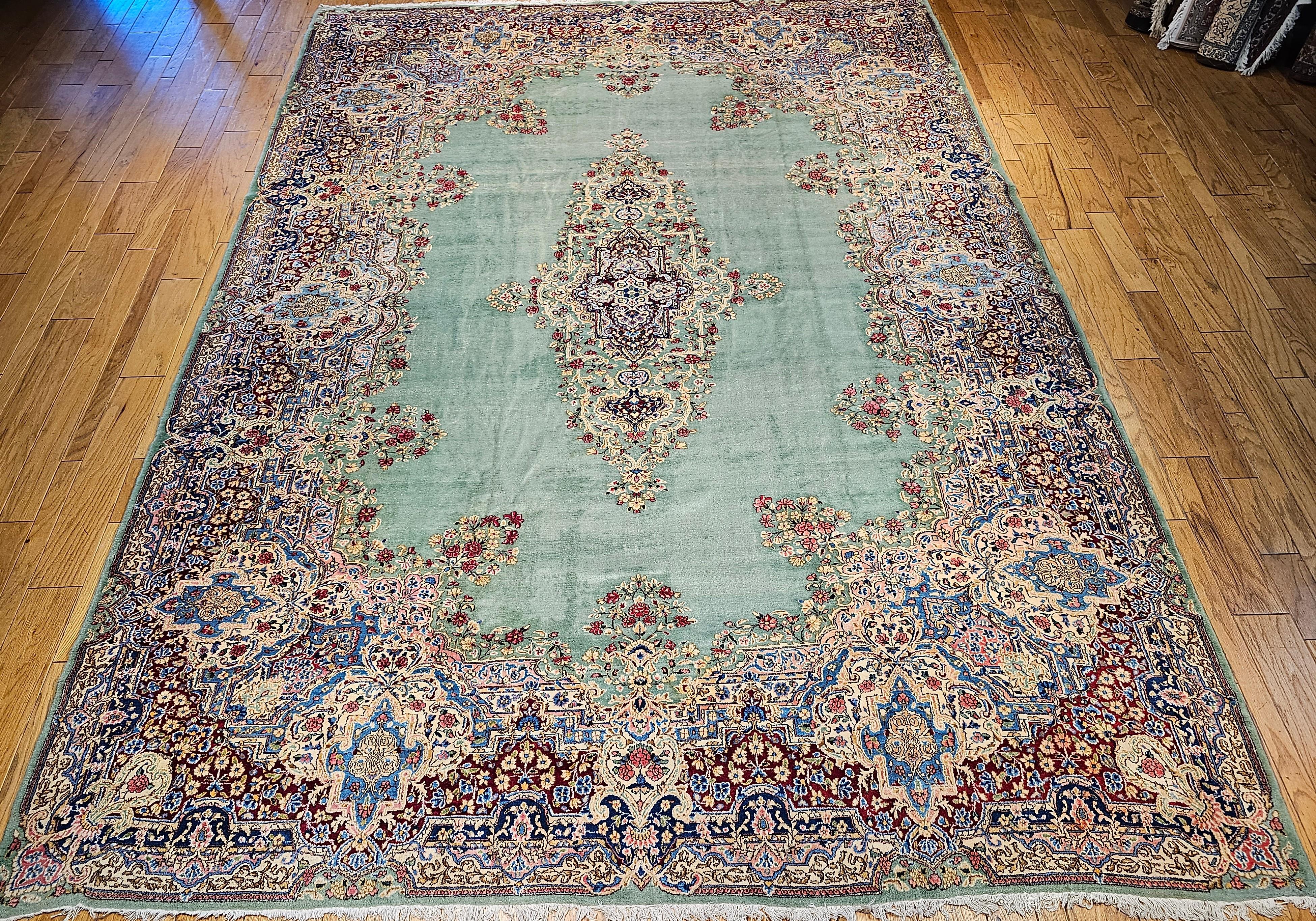 Vintage Oversize Persian Kerman in Floral Pattern in Pale Green, Red, Blue, Pink For Sale 10
