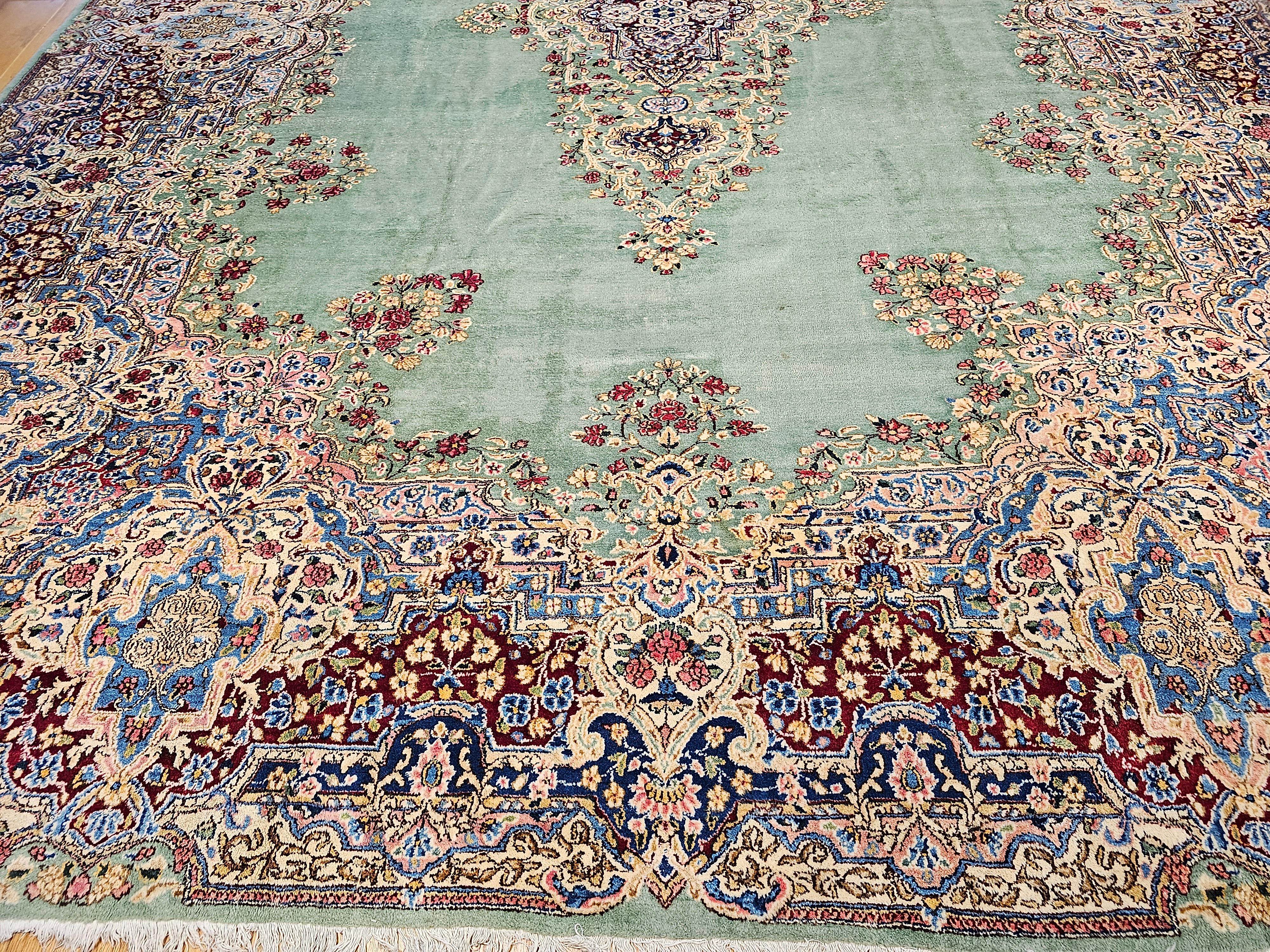 Vintage Oversize Persian Kerman in Floral Pattern in Pale Green, Red, Blue, Pink In Good Condition For Sale In Barrington, IL