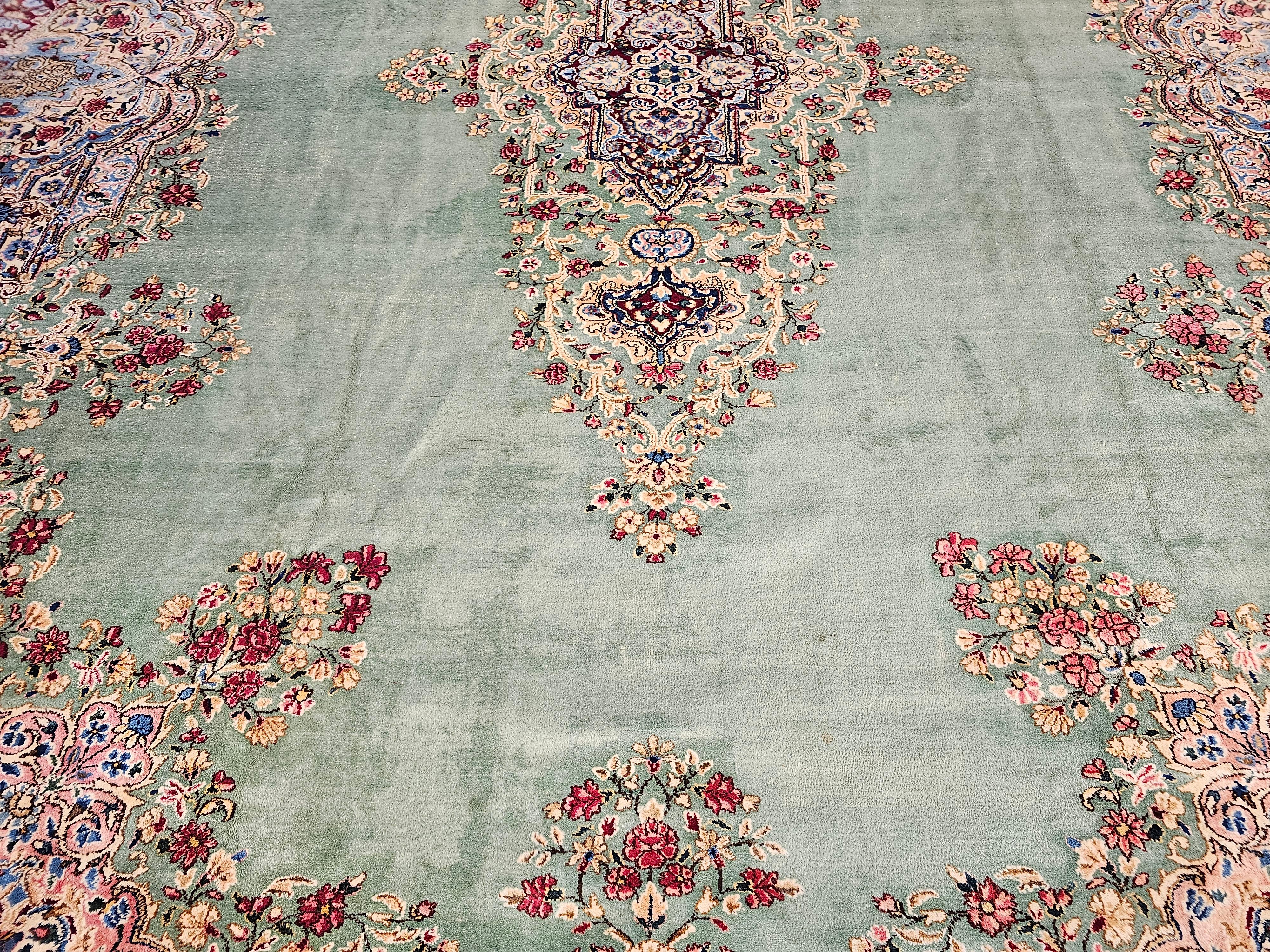 20th Century Vintage Oversize Persian Kerman in Floral Pattern in Pale Green, Red, Blue, Pink For Sale