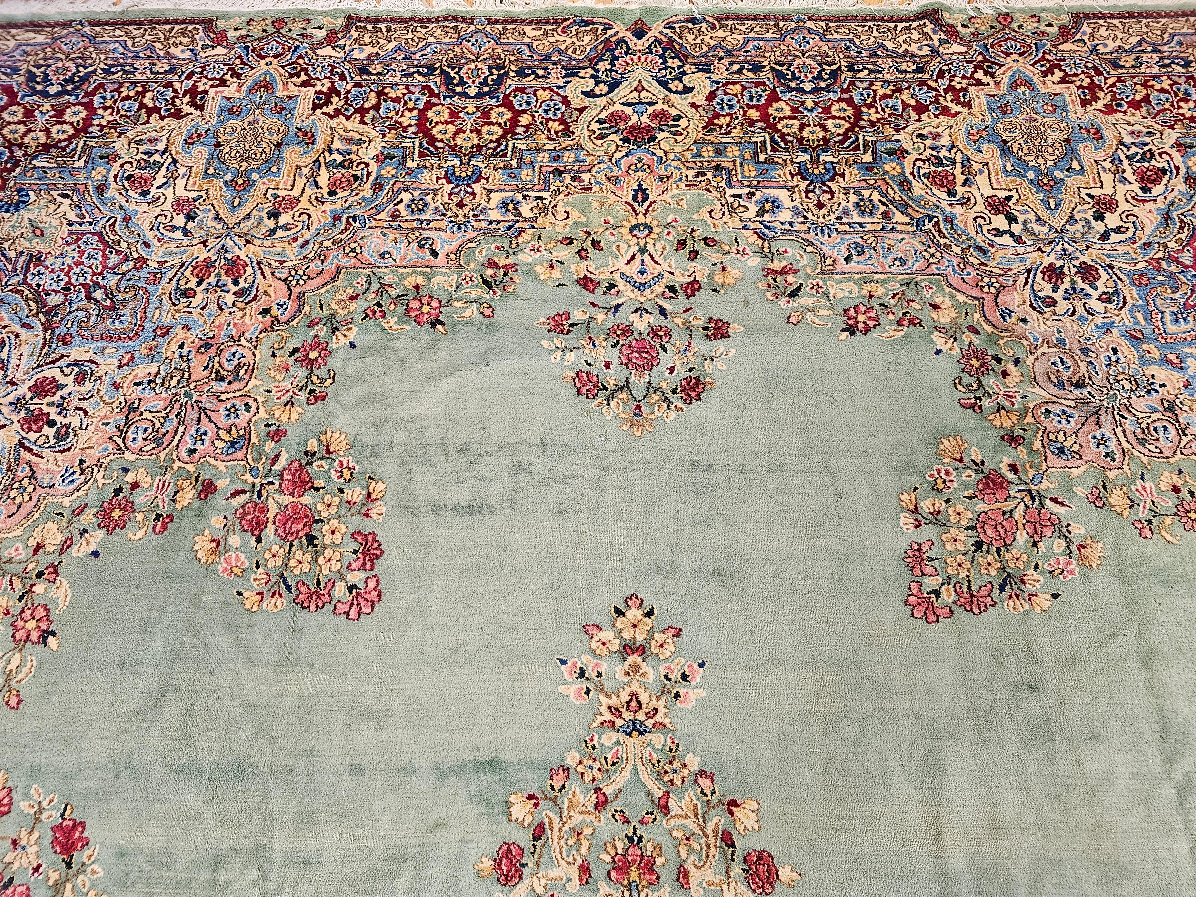 Vintage Oversize Persian Kerman in Floral Pattern in Pale Green, Red, Blue, Pink For Sale 2