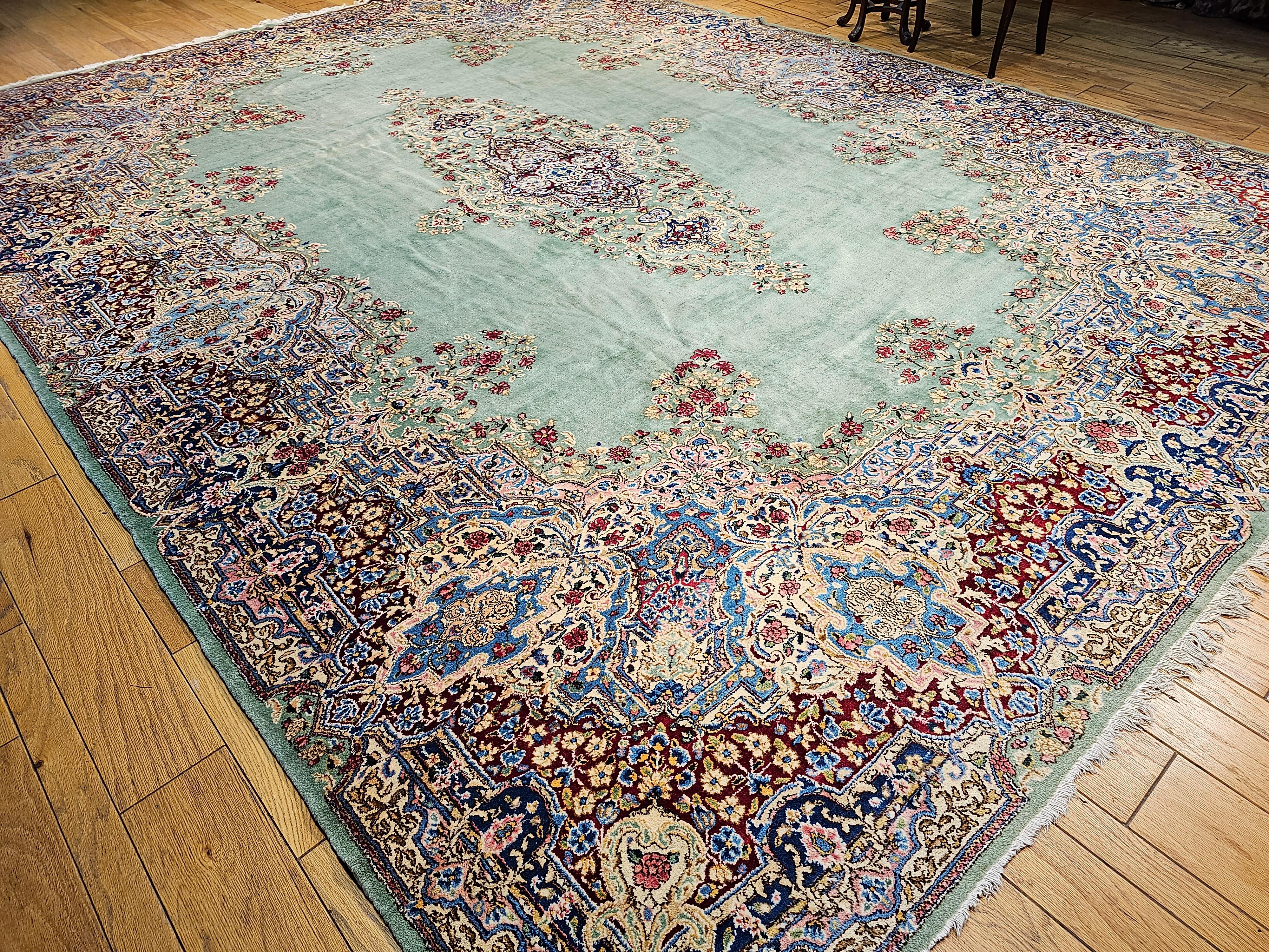 Vintage Oversize Persian Kerman in Floral Pattern in Pale Green, Red, Blue, Pink For Sale 3