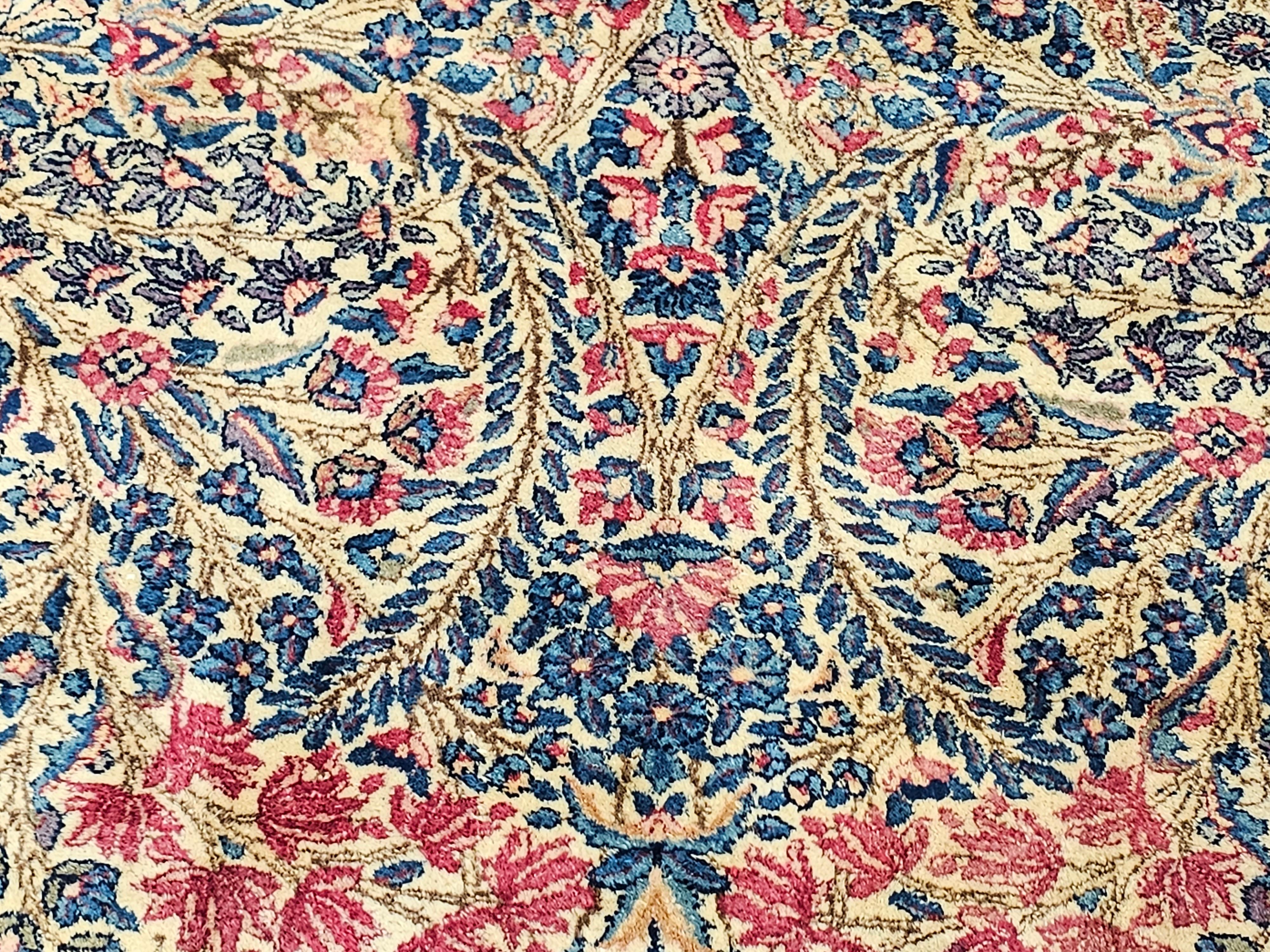 Vintage Oversize Persian Kerman Lavar in Floral Design in Ivory, Navy, Red, Blue For Sale 4
