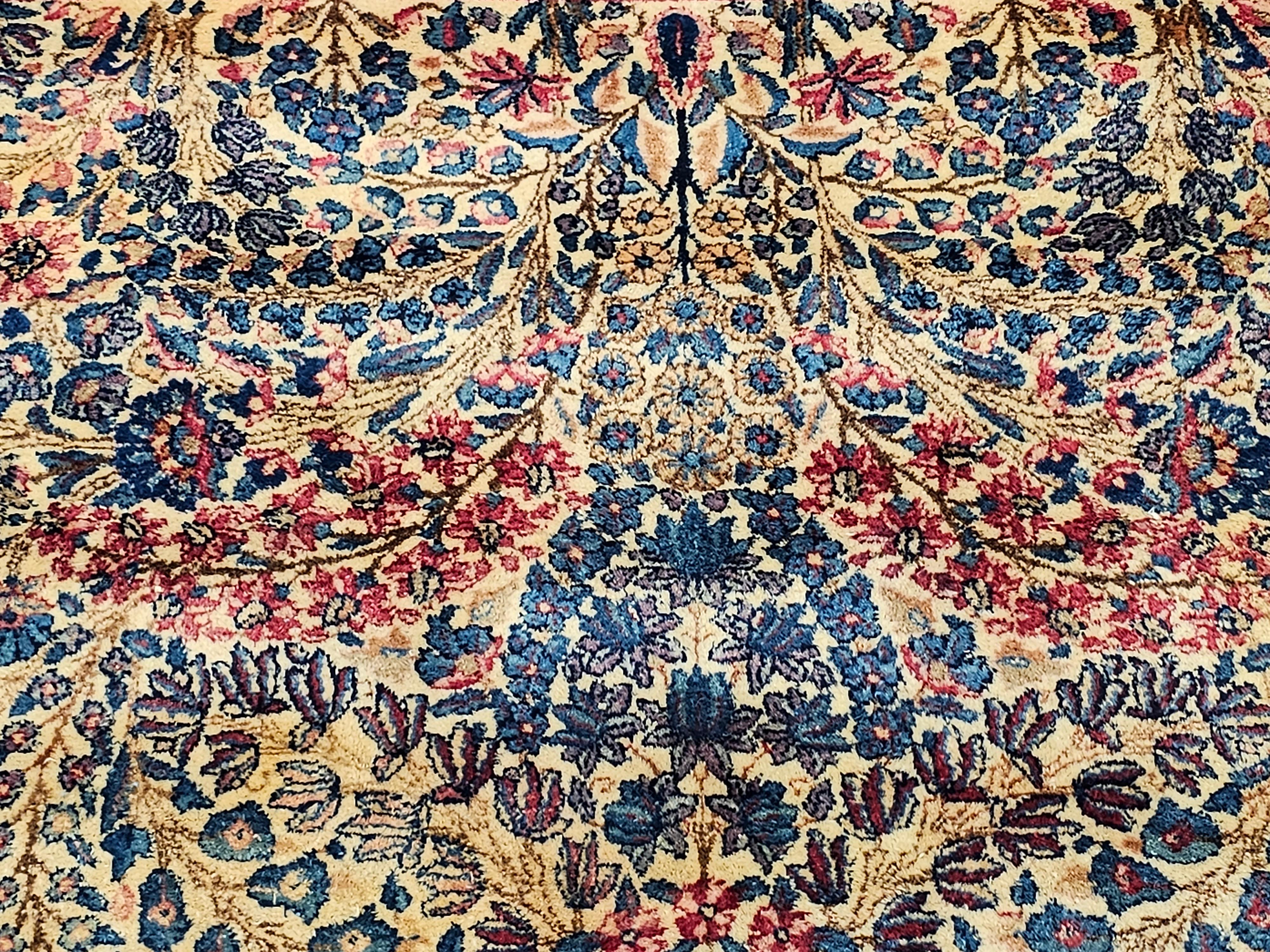 Vintage Oversize Persian Kerman Lavar in Floral Design in Ivory, Navy, Red, Blue For Sale 5