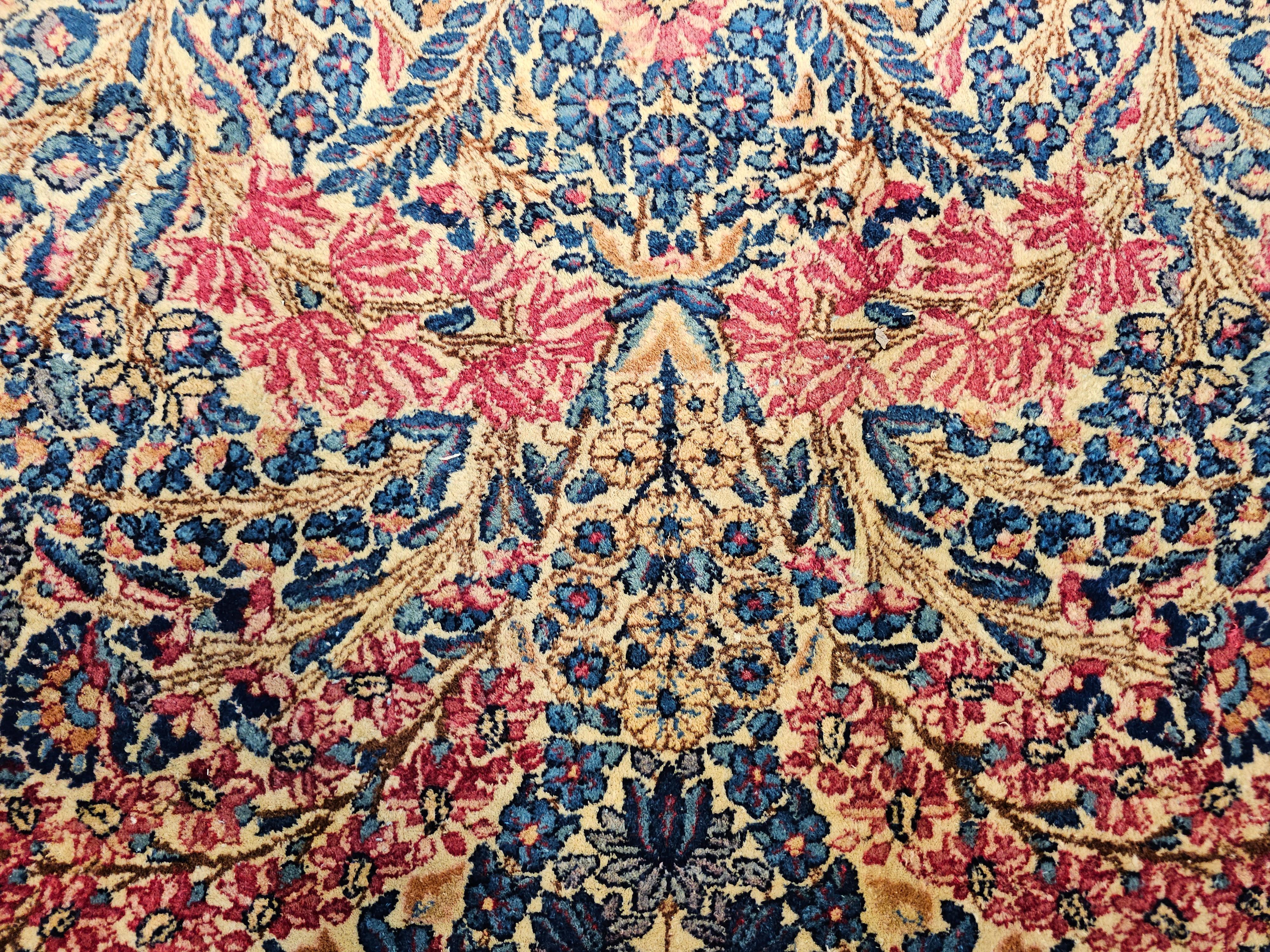 Vintage Oversize Persian Kerman Lavar in Floral Design in Ivory, Navy, Red, Blue For Sale 6