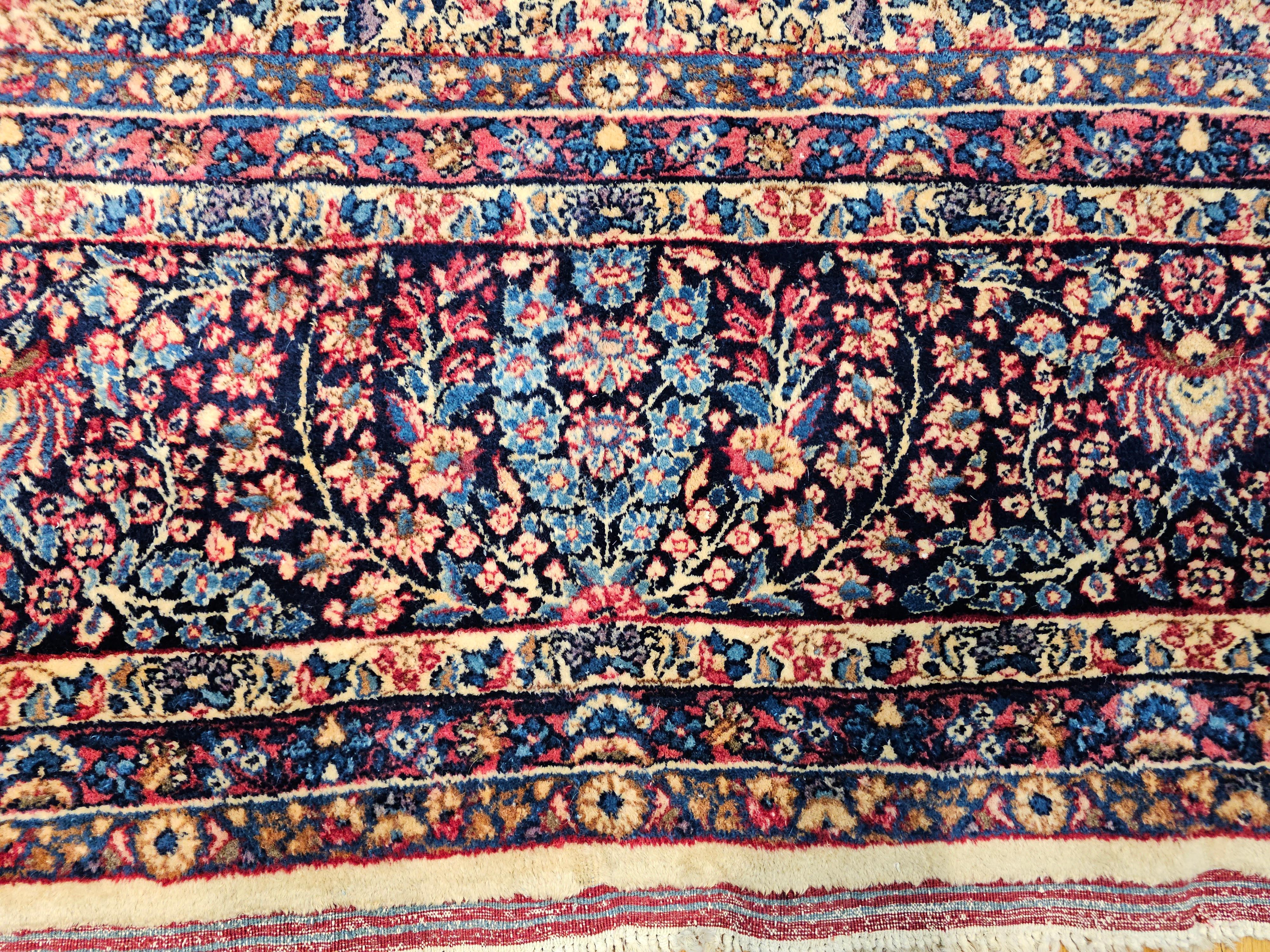 Vintage Oversize Persian Kerman Lavar in Floral Design in Ivory, Navy, Red, Blue For Sale 7