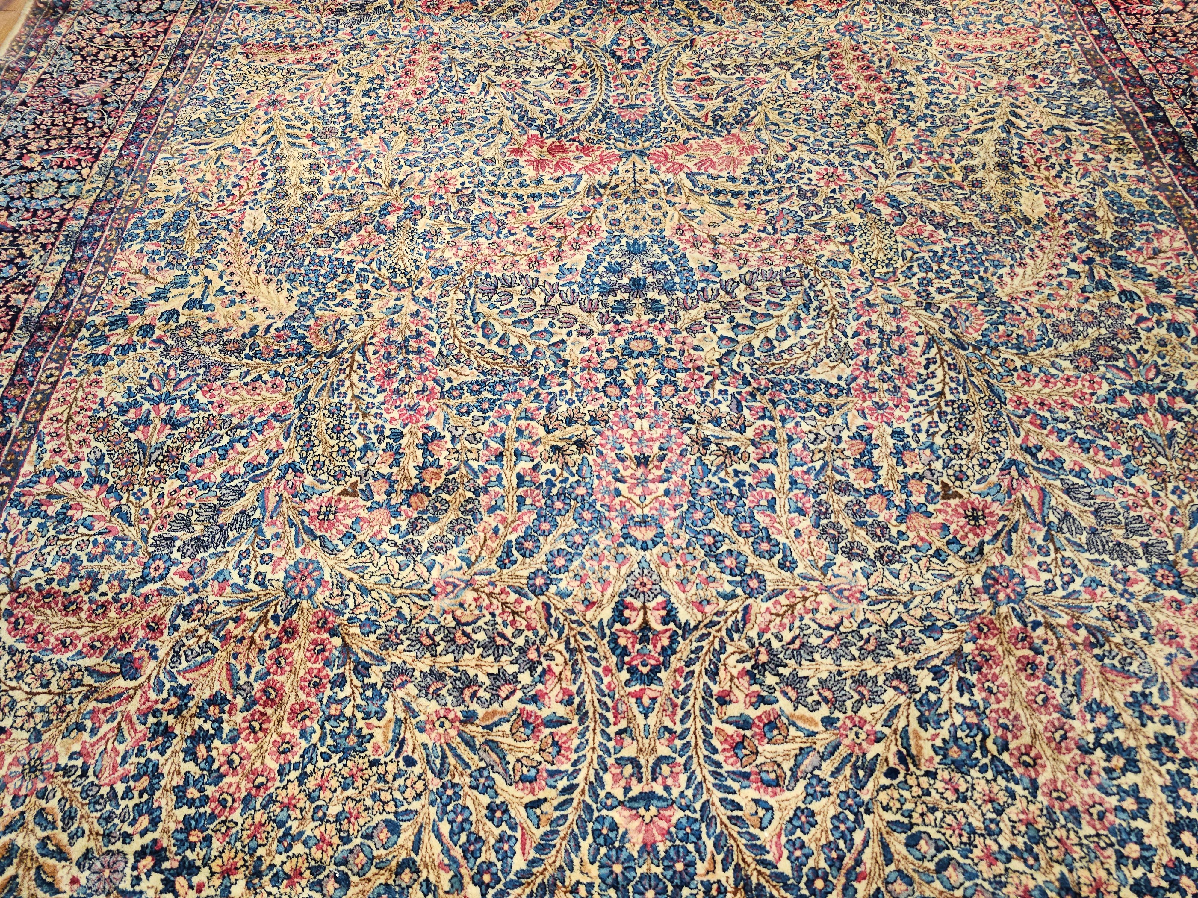 Wool Vintage Oversize Persian Kerman Lavar in Floral Design in Ivory, Navy, Red, Blue For Sale