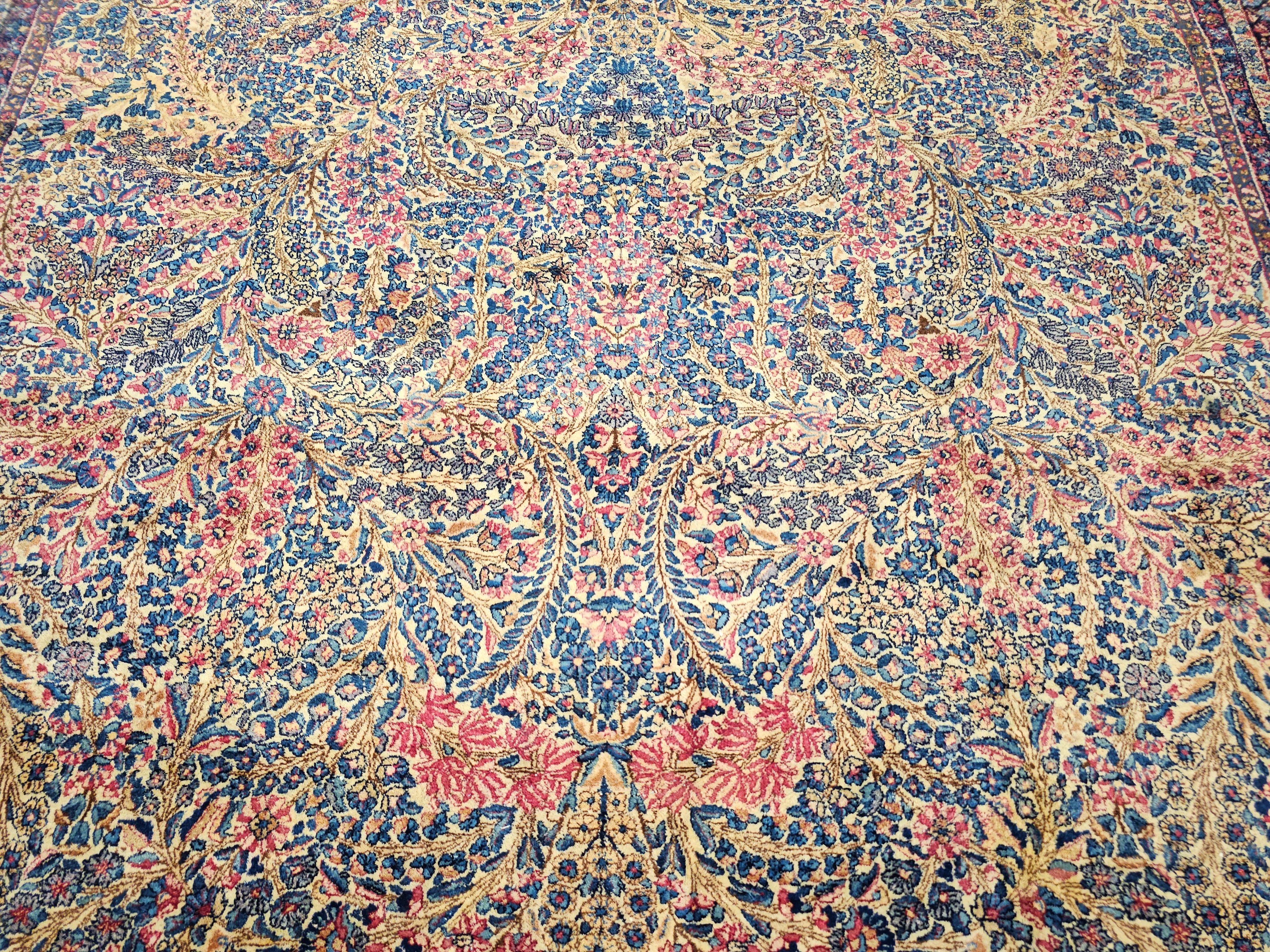 Vintage Oversize Persian Kerman Lavar in Floral Design in Ivory, Navy, Red, Blue For Sale 1