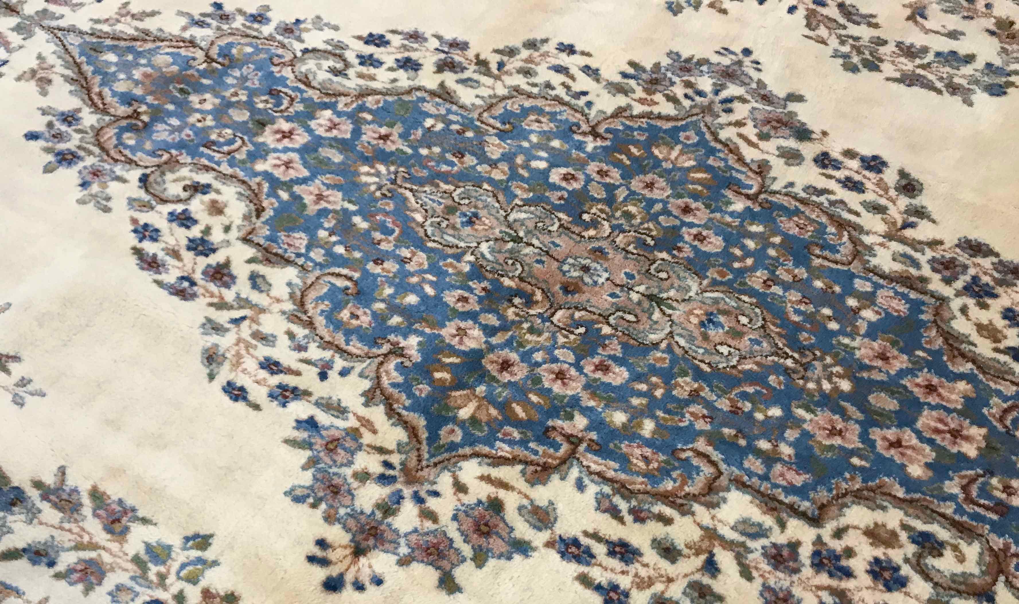 Hand-Woven Traditional Handwoven Luxury Vintage Persian Kerman Ivory / Blue Rug, circa 1940 For Sale