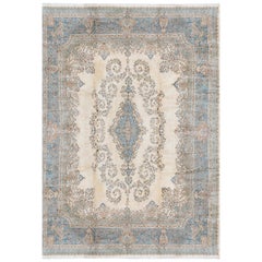 Traditional Handwoven Luxury Vintage Persian Kerman Ivory / Blue Rug, circa 1940