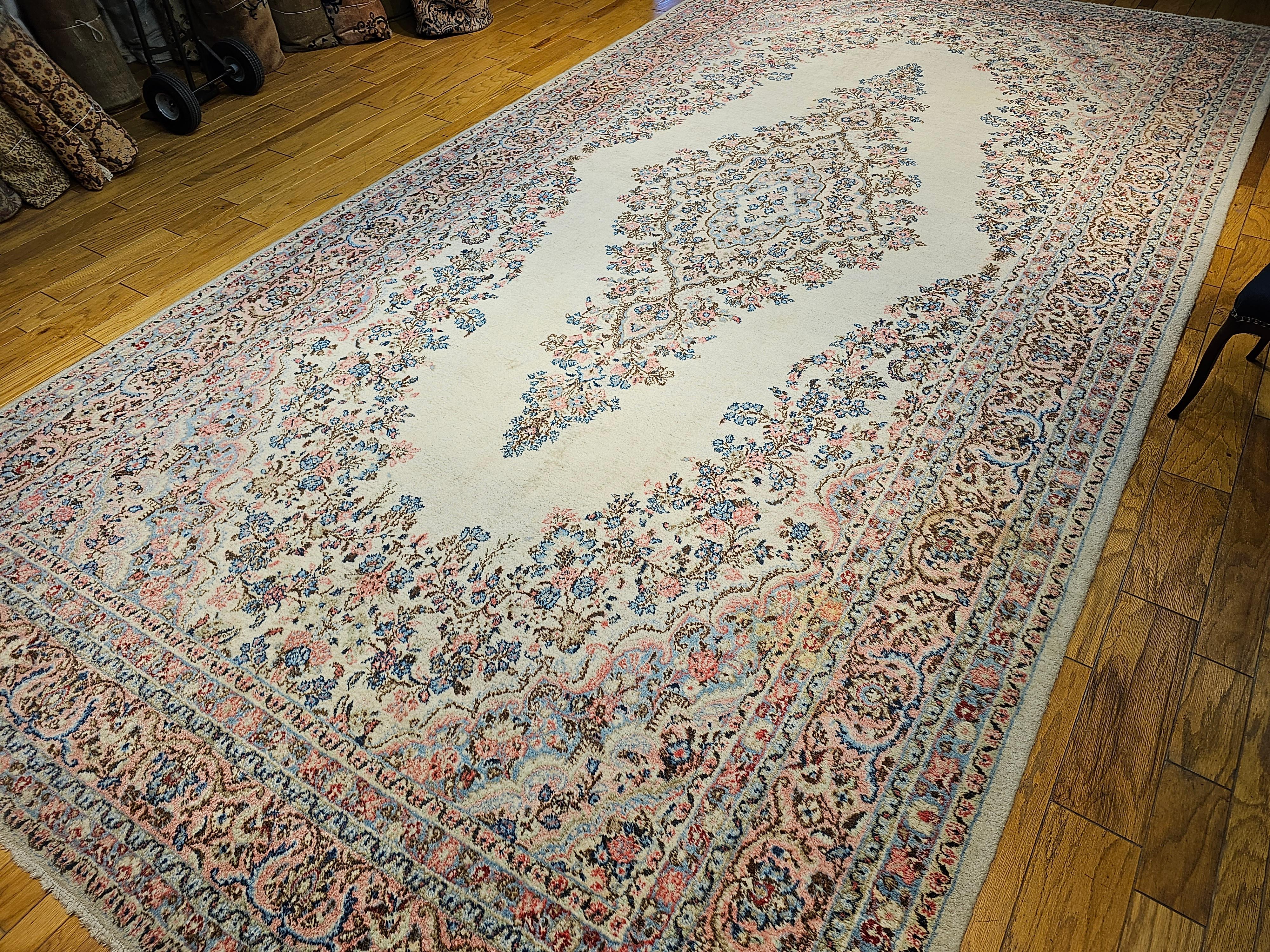 Vintage Oversize Persian Qazvin in Floral Pattern in Ivory, Baby Blue, Pink For Sale 8