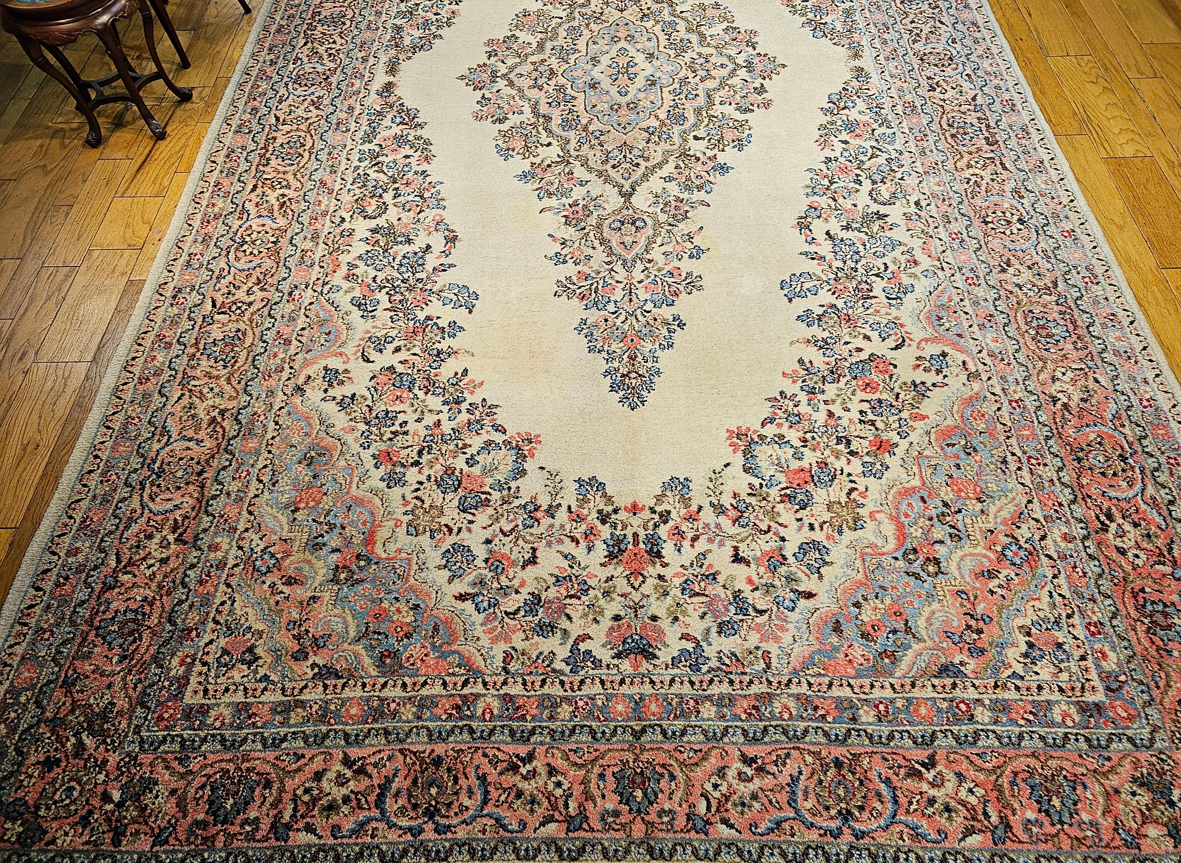 Vintage Oversize Persian Qazvin in Floral Pattern in Ivory, Baby Blue, Pink For Sale 10
