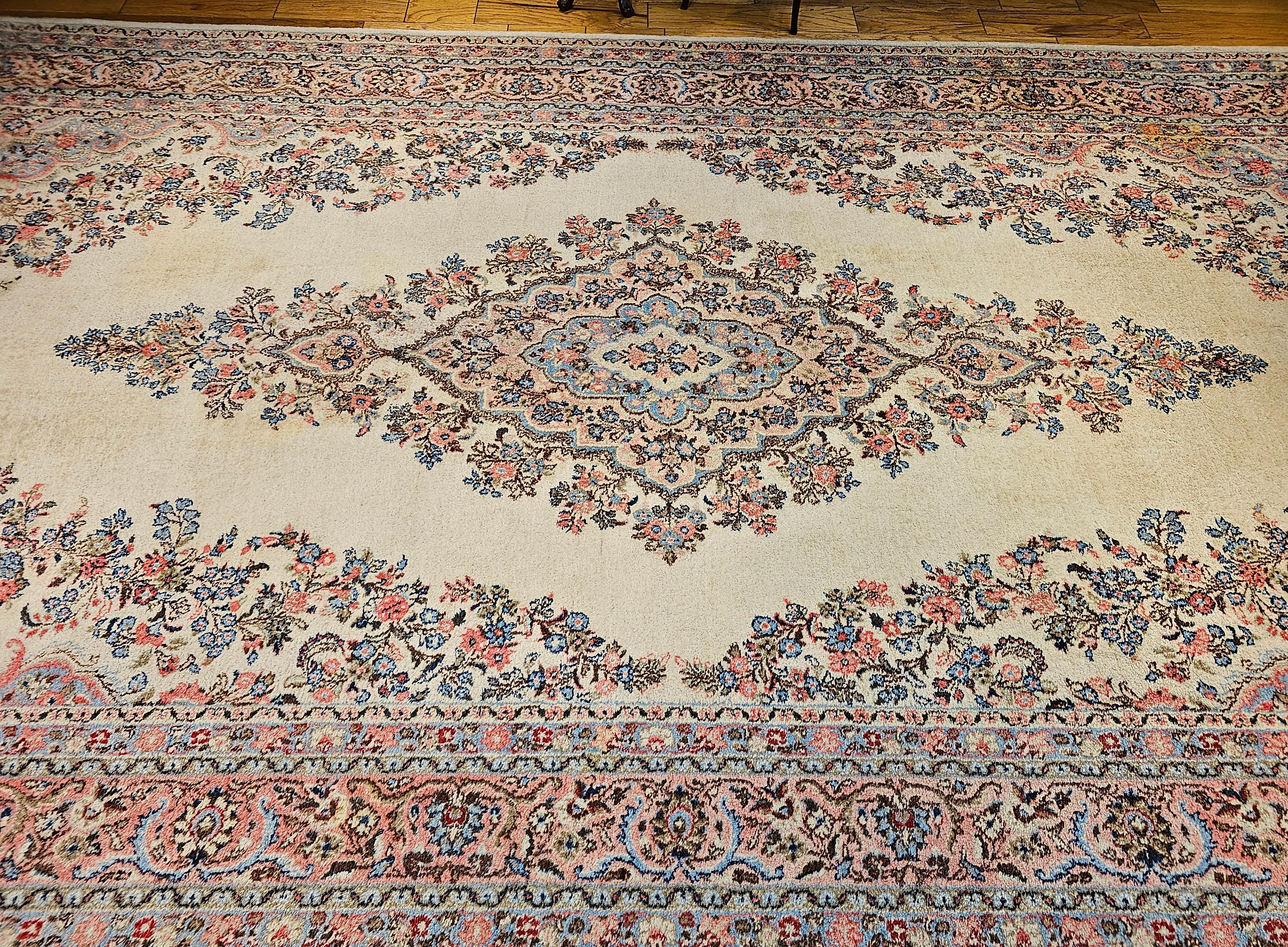 Vintage Oversize Persian Qazvin in Floral Pattern in Ivory, Baby Blue, Pink For Sale 12