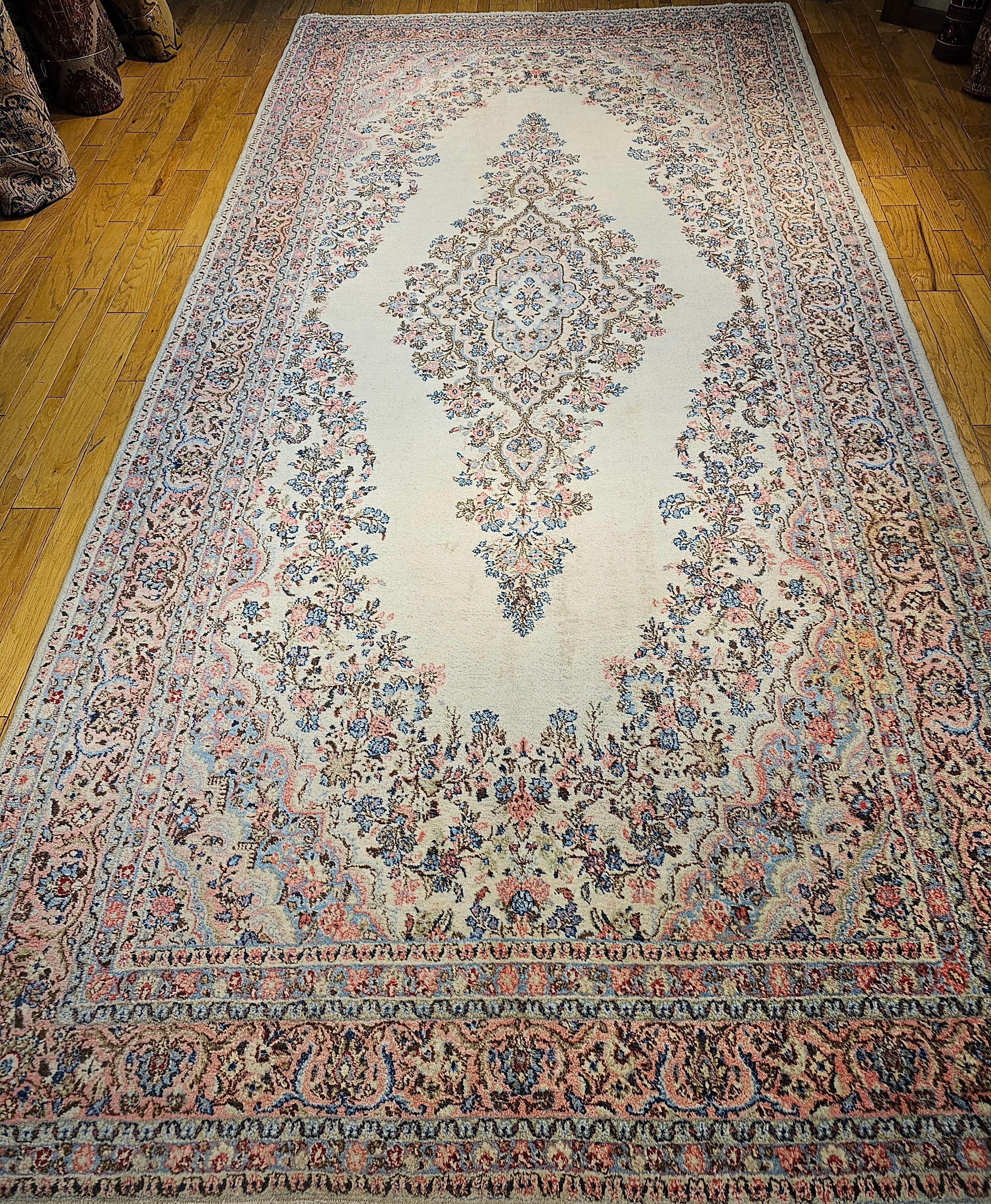 Vintage Oversize Persian Qazvin in Floral Pattern in Ivory, Baby Blue, Pink For Sale 13