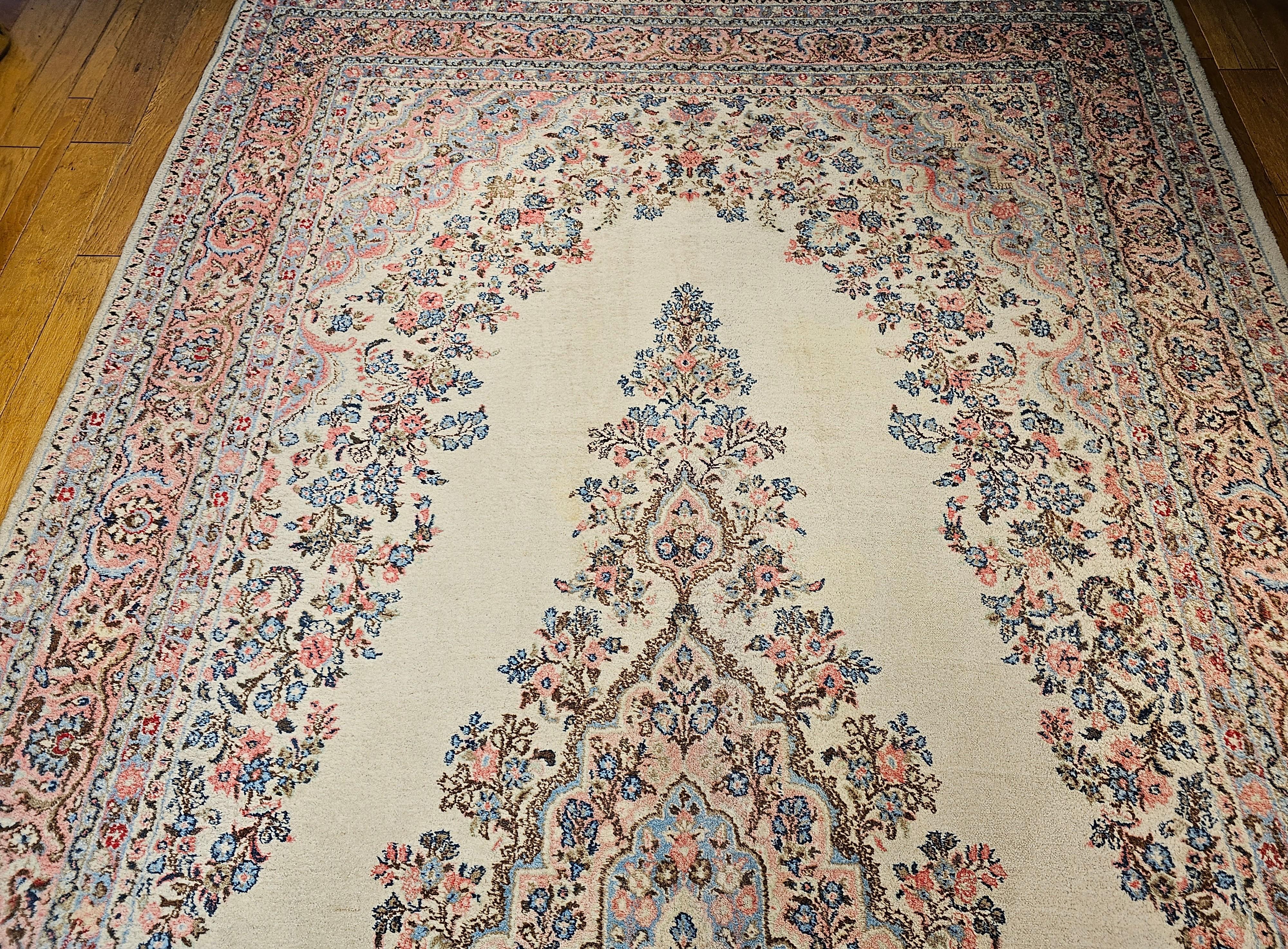 Hand-Knotted Vintage Oversize Persian Qazvin in Floral Pattern in Ivory, Baby Blue, Pink For Sale