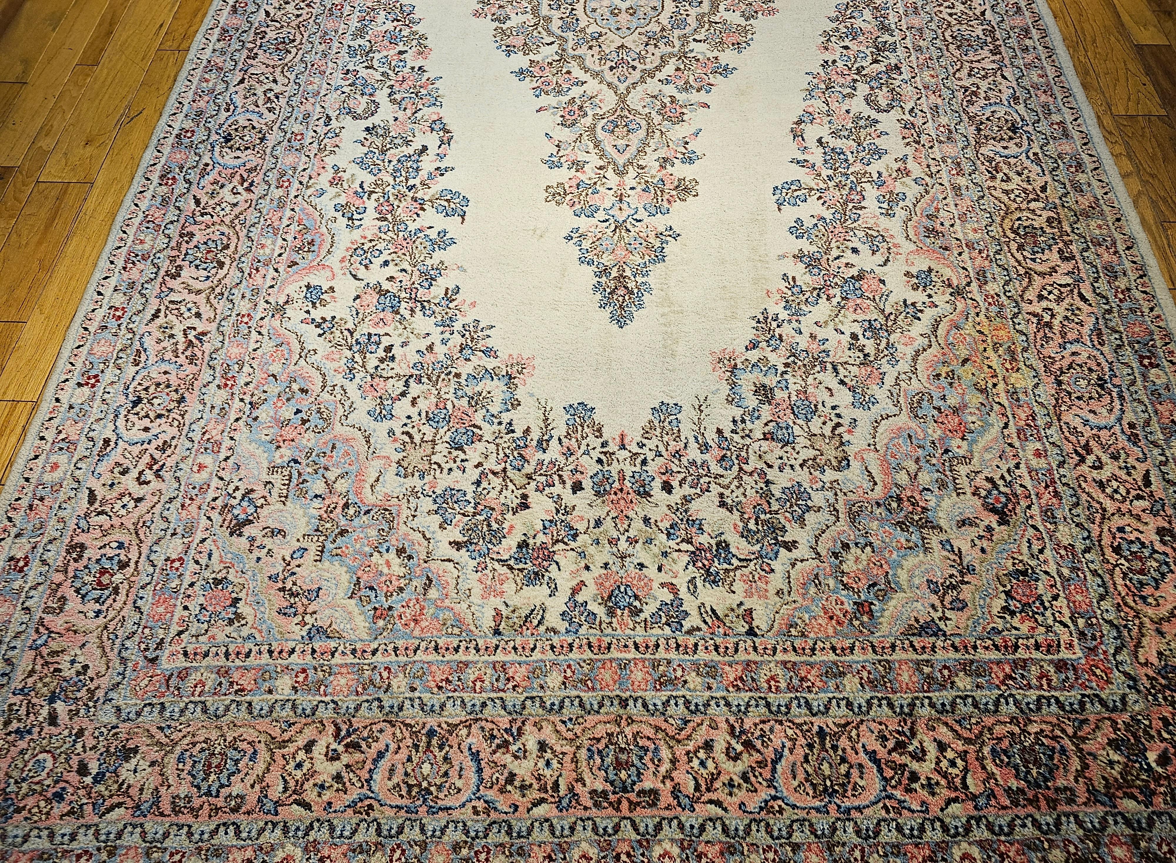 20th Century Vintage Oversize Persian Qazvin in Floral Pattern in Ivory, Baby Blue, Pink For Sale