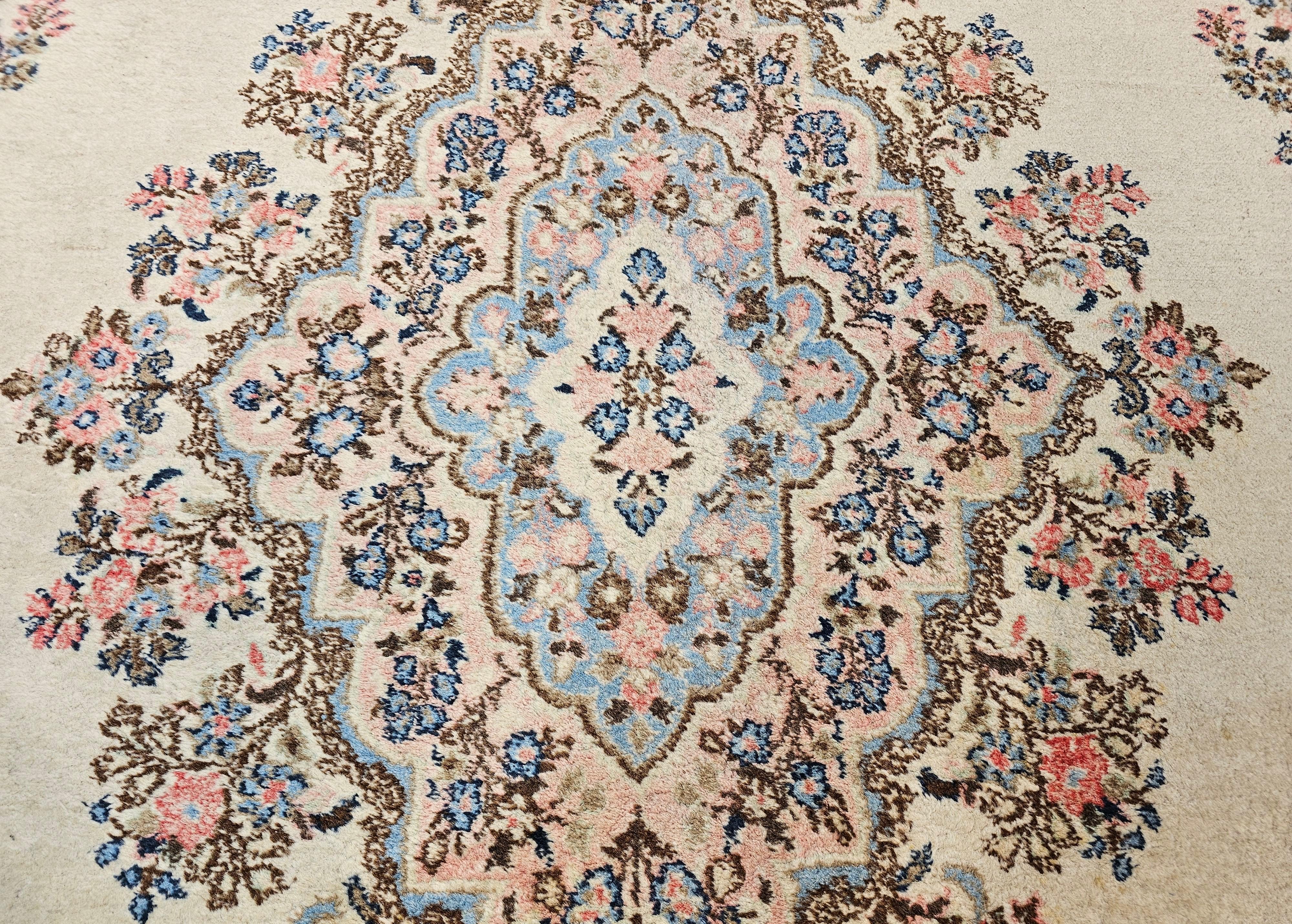 Vintage Oversize Persian Qazvin in Floral Pattern in Ivory, Baby Blue, Pink For Sale 2