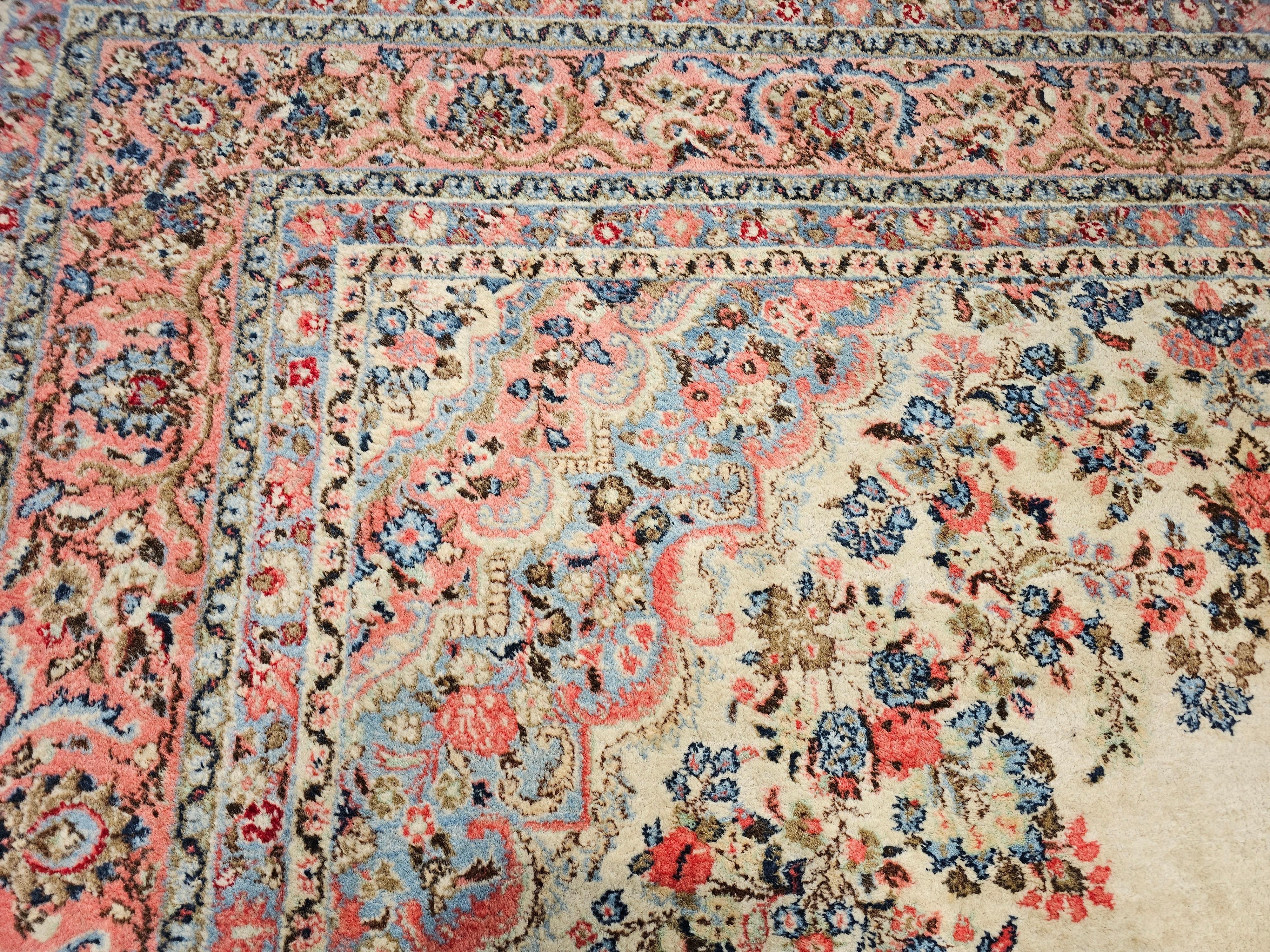 Vintage Oversize Persian Qazvin in Floral Pattern in Ivory, Baby Blue, Pink For Sale 3