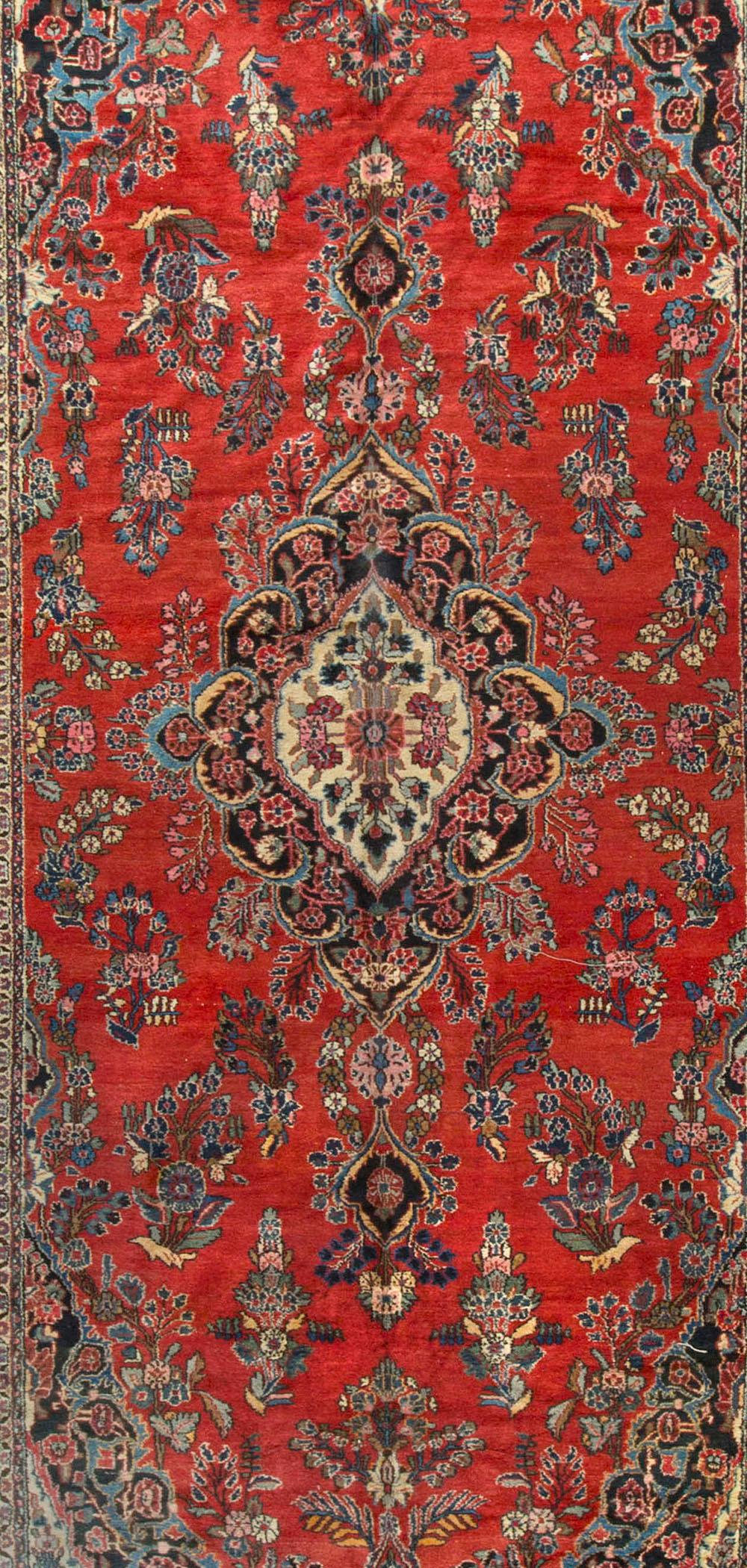Hand-Woven Vintage Oversize Persian Red Blue Kazvin Rug, circa 1940 9' x  19'2 For Sale