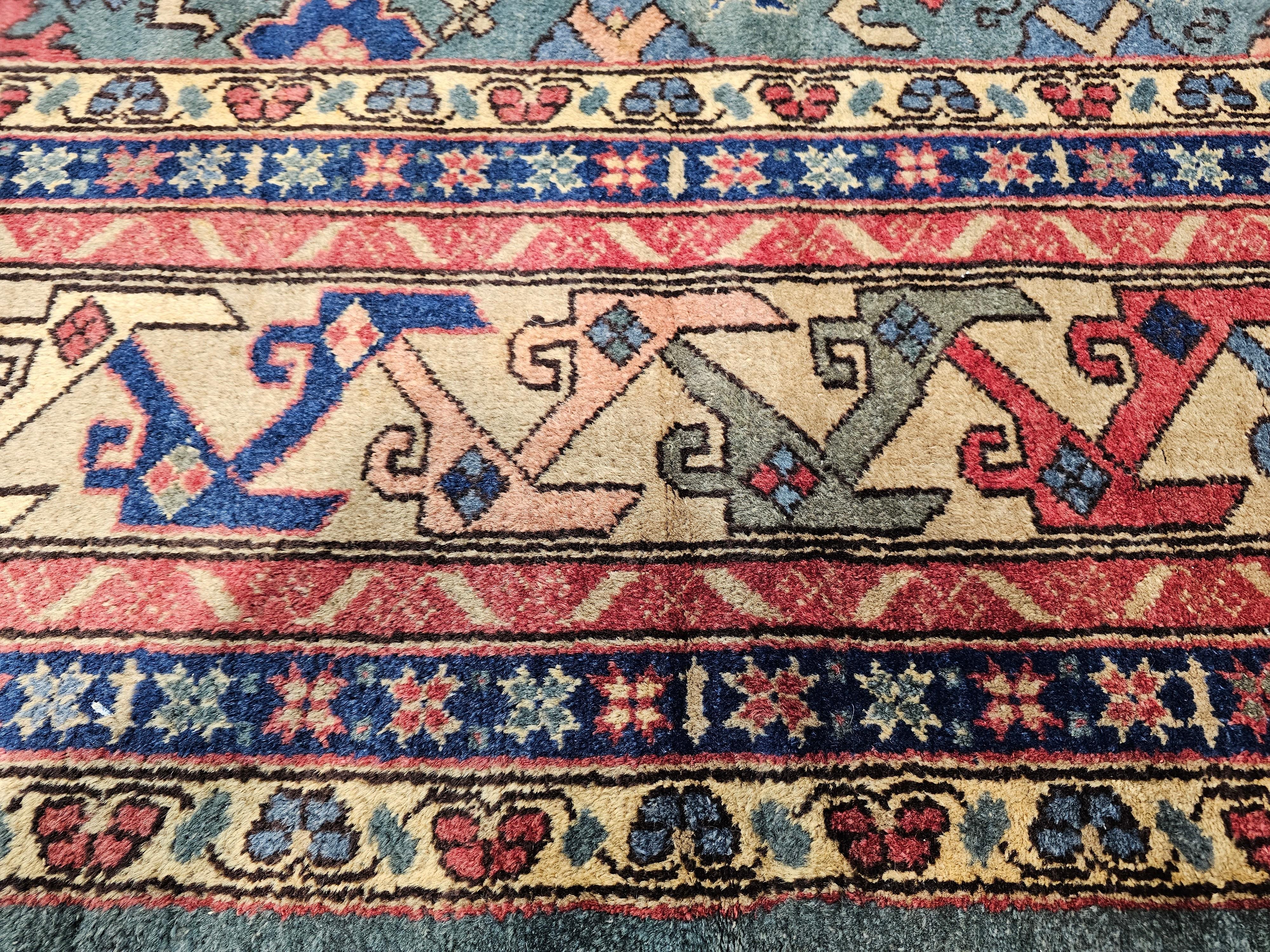 Übergroßer türkischer Vintage-Teppich in Allover-Geometrischem Muster in Teal, Blau, Grün im Angebot 4