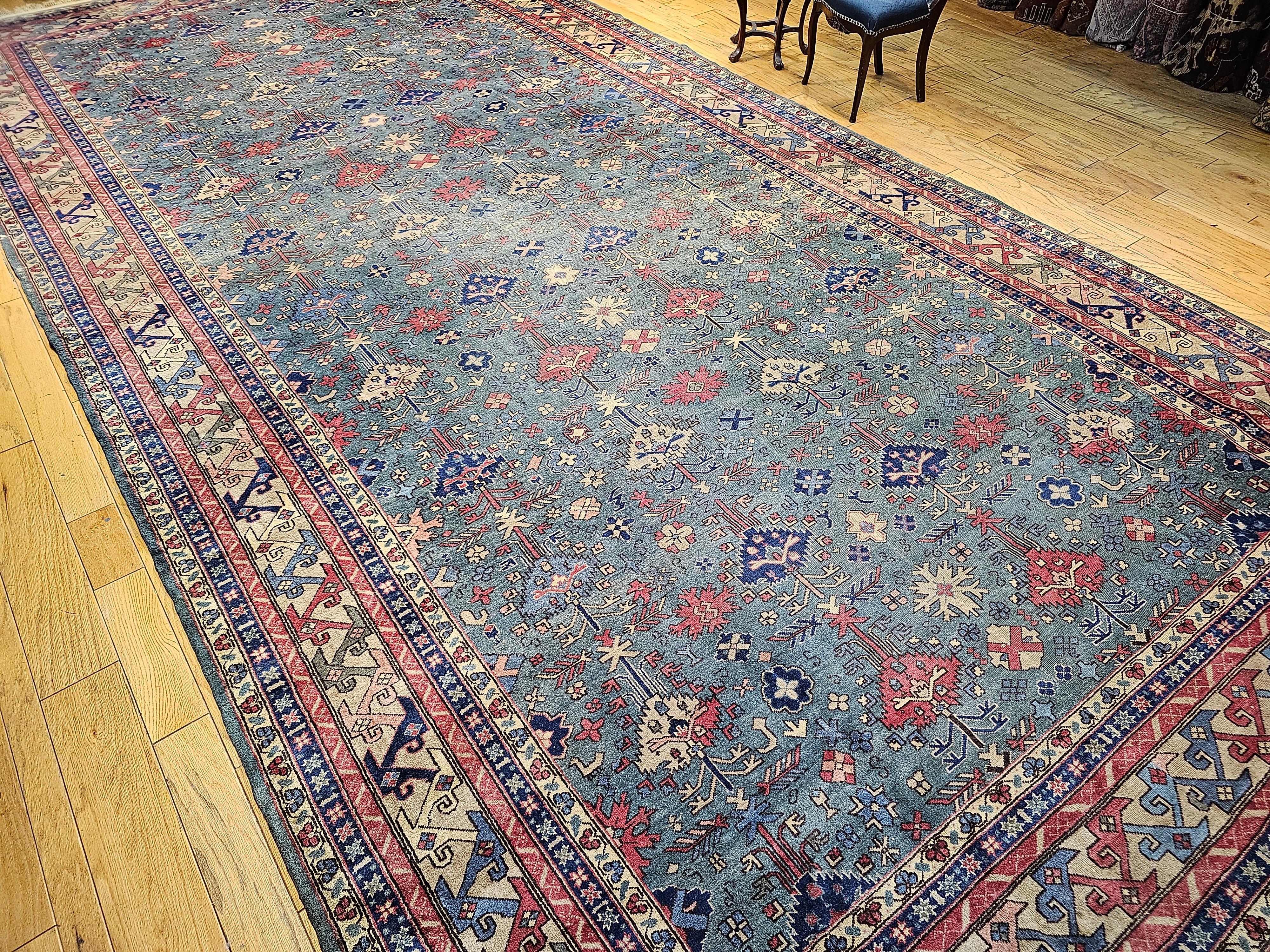 Übergroßer türkischer Vintage-Teppich in Allover-Geometrischem Muster in Teal, Blau, Grün im Angebot 6