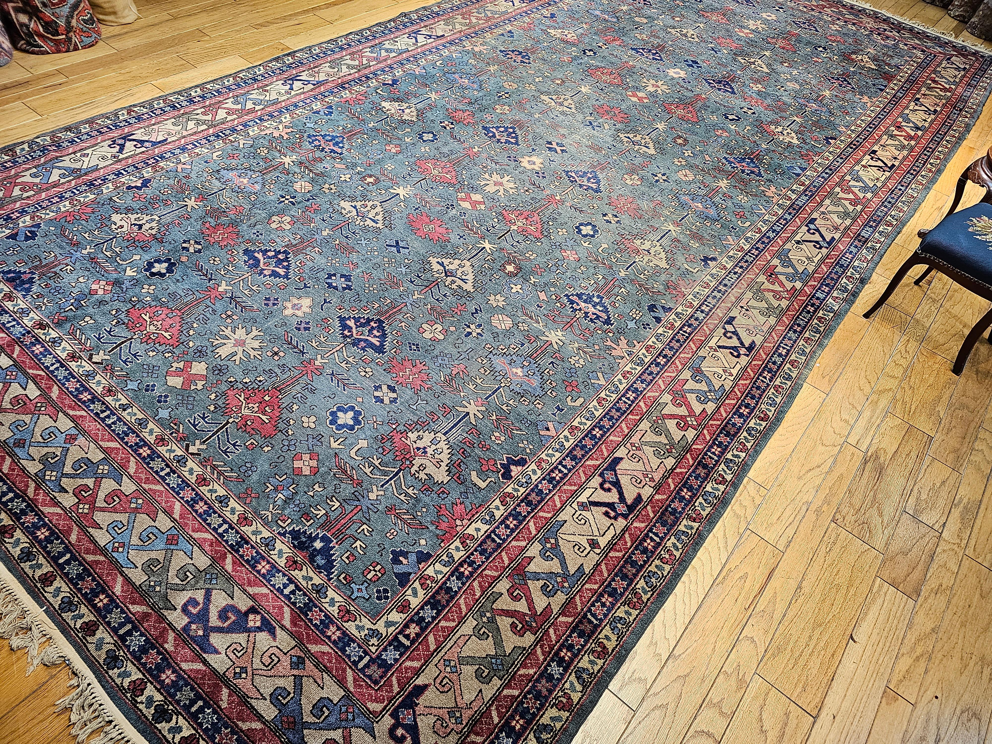 Übergroßer türkischer Vintage-Teppich in Allover-Geometrischem Muster in Teal, Blau, Grün im Angebot 7