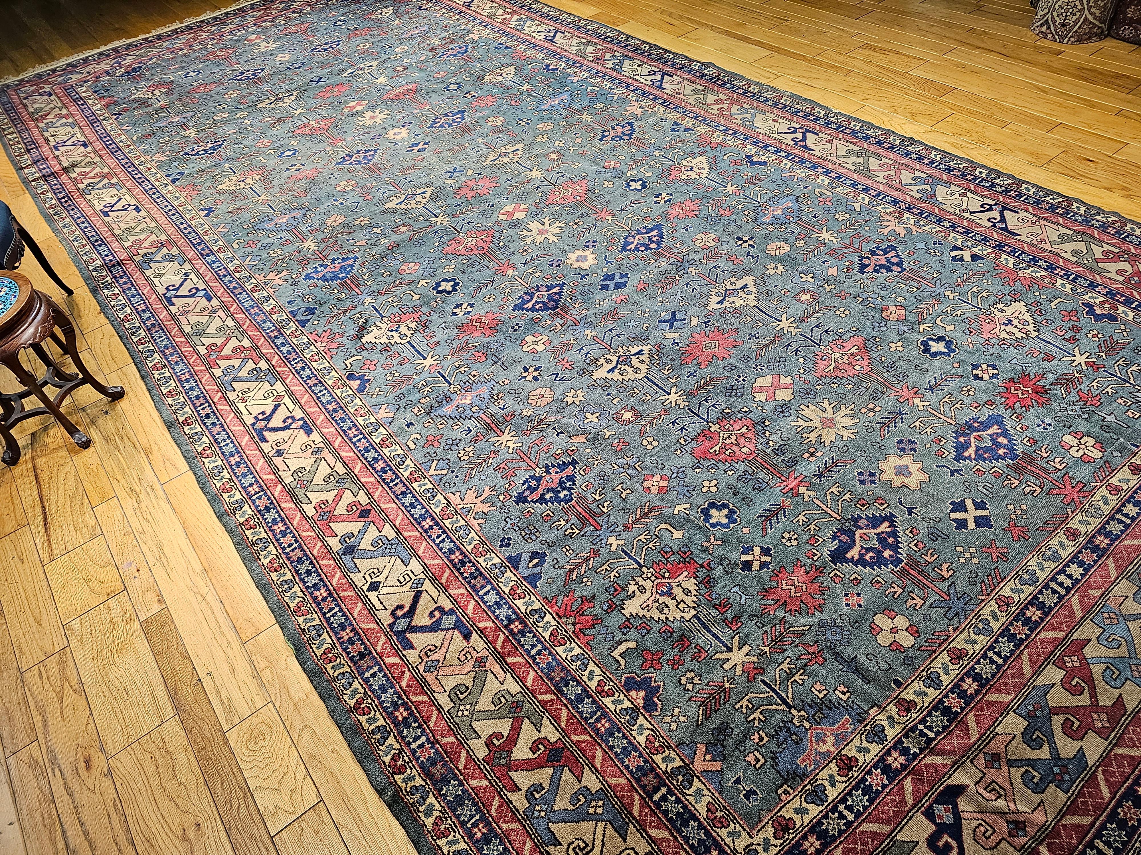 Übergroßer türkischer Vintage-Teppich in Allover-Geometrischem Muster in Teal, Blau, Grün im Angebot 8