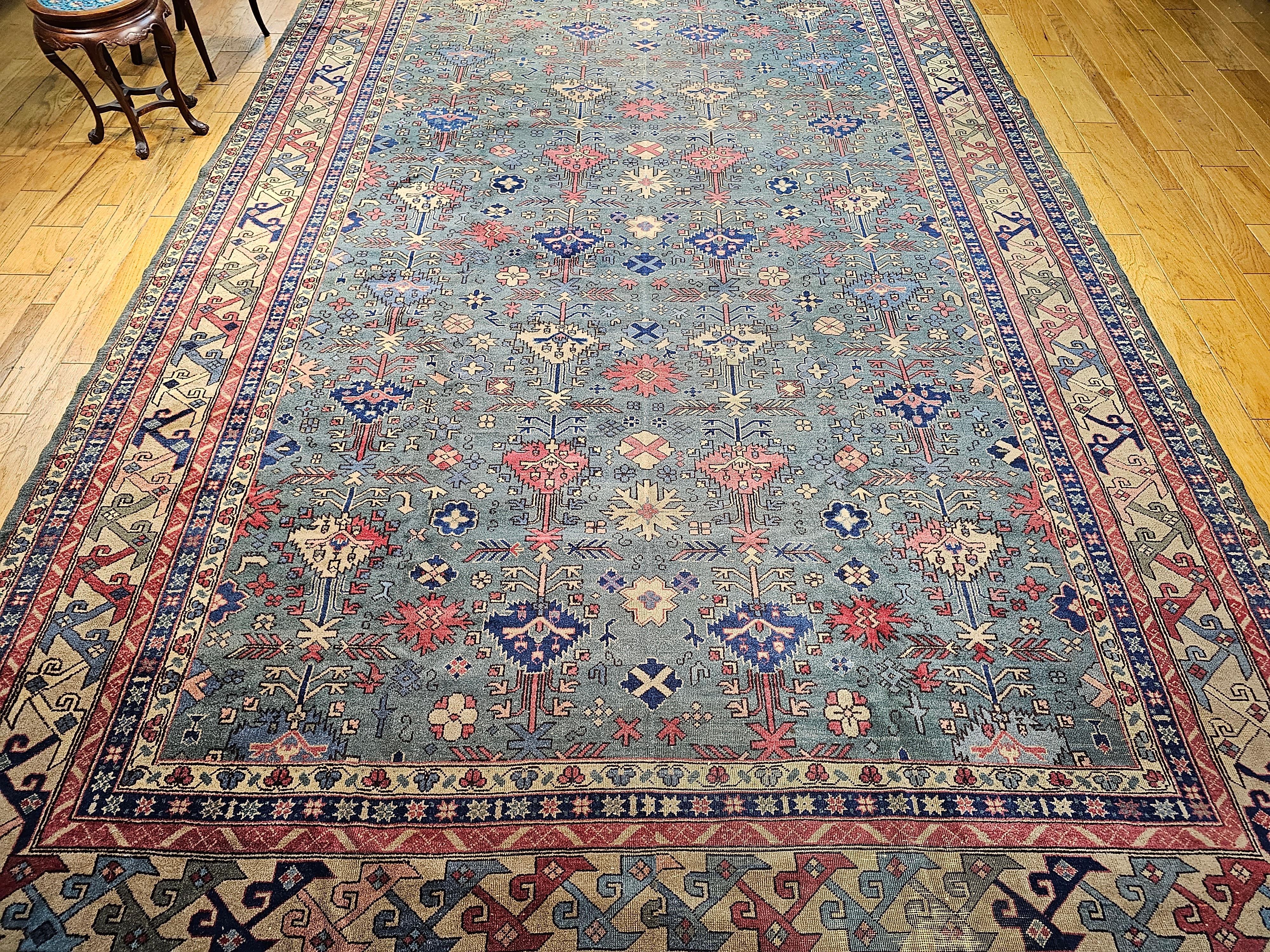 Übergroßer türkischer Vintage-Teppich in Allover-Geometrischem Muster in Teal, Blau, Grün im Angebot 9