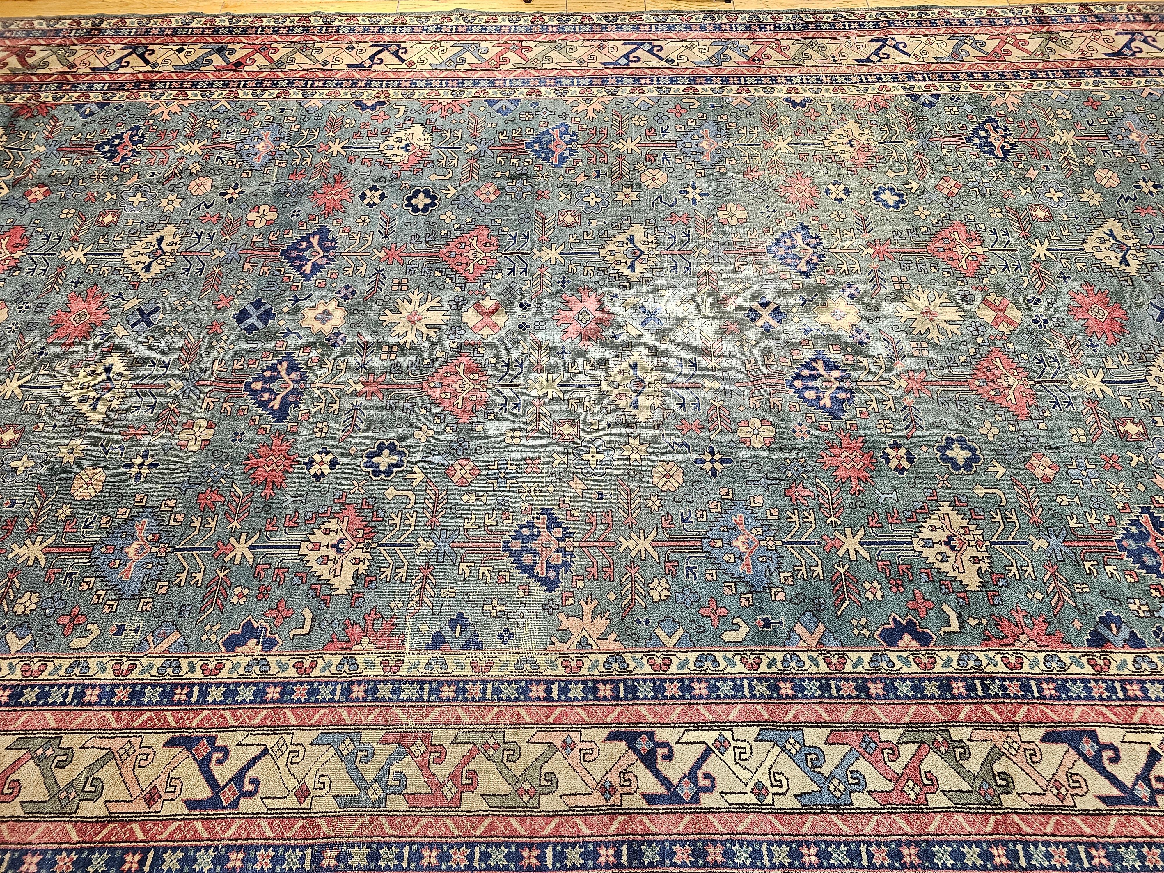 Übergroßer türkischer Vintage-Teppich in Allover-Geometrischem Muster in Teal, Blau, Grün im Angebot 11