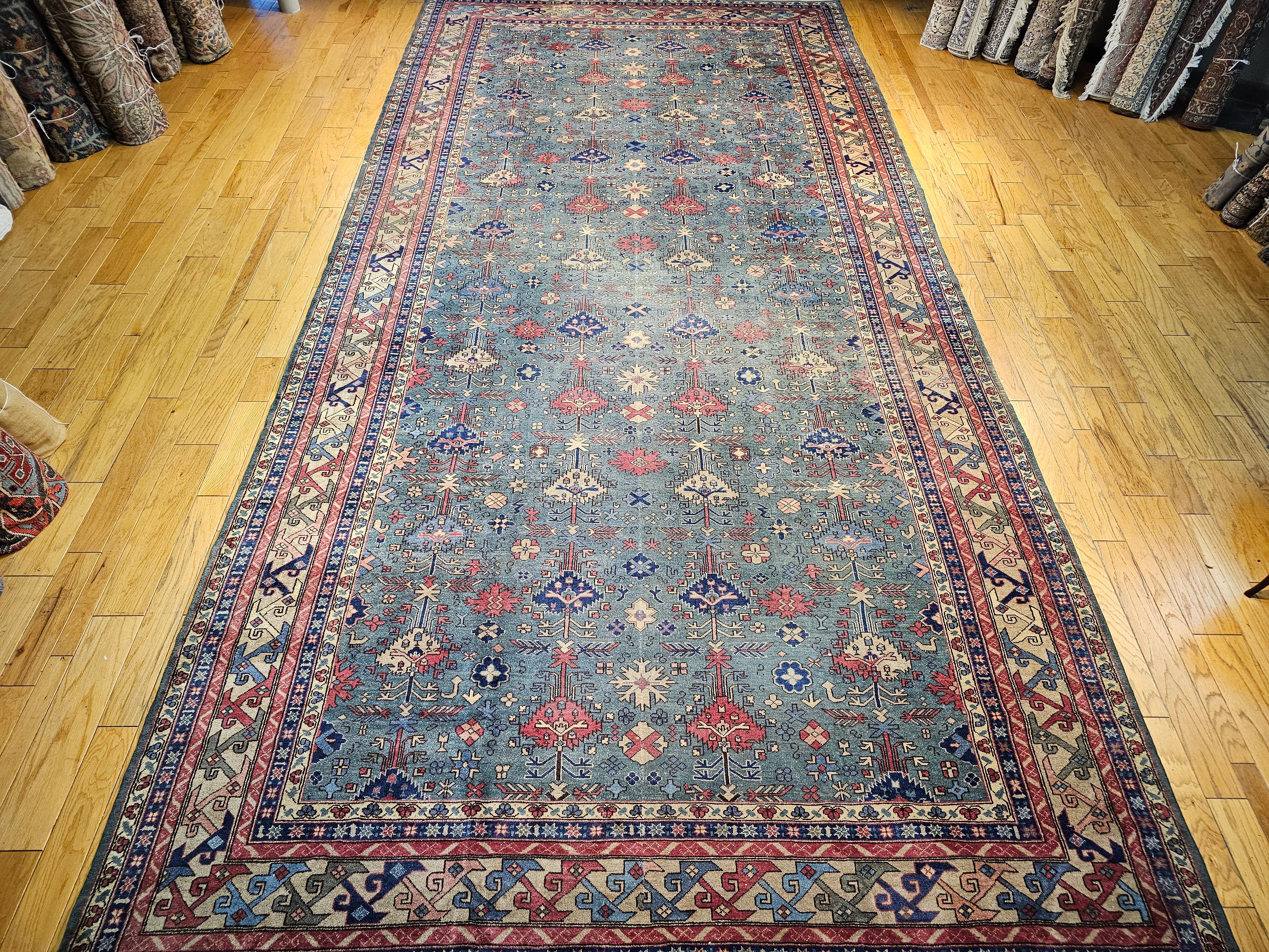 Übergroßer türkischer Vintage-Teppich in Allover-Geometrischem Muster in Teal, Blau, Grün im Angebot 12
