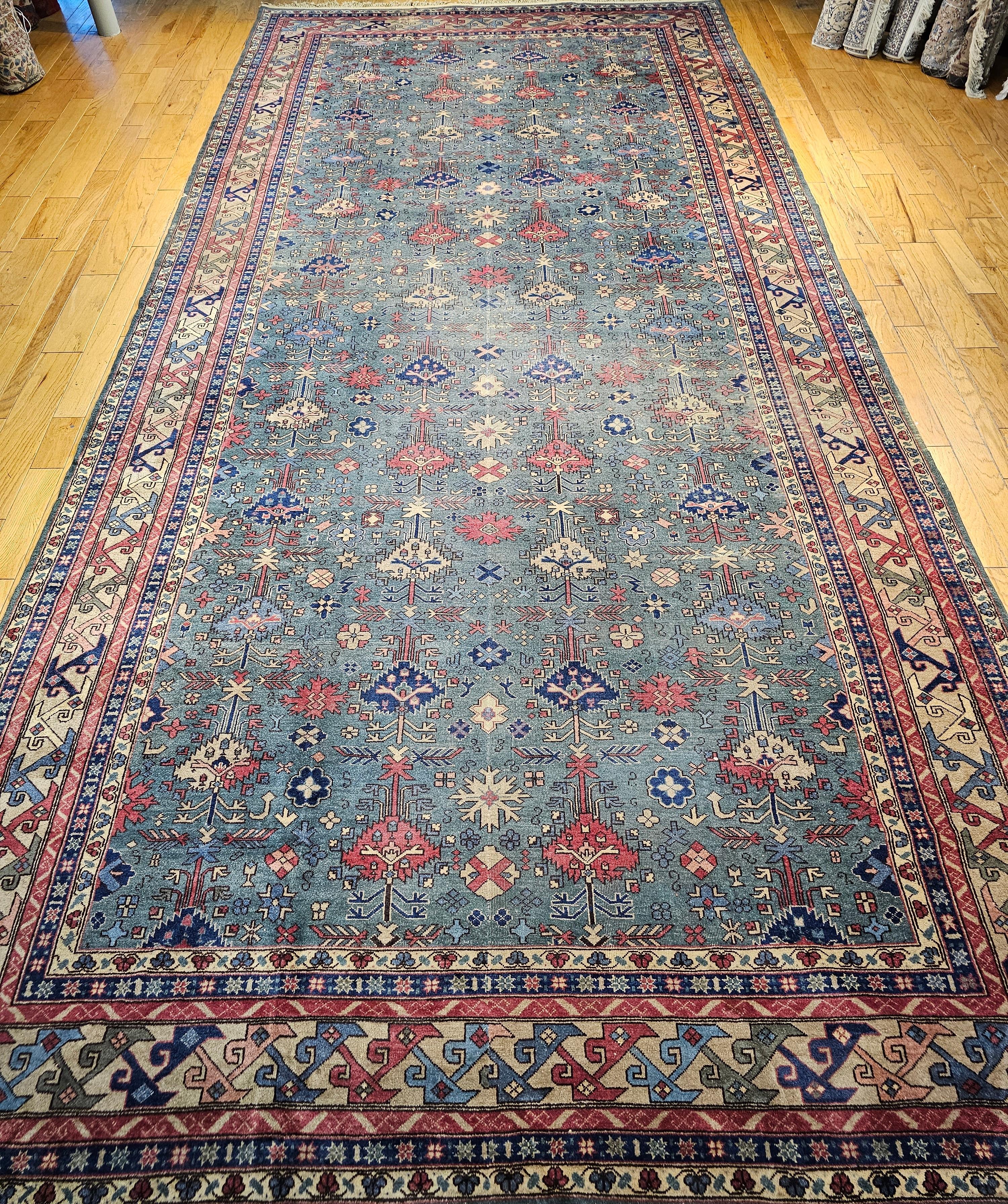 Übergroßer türkischer Vintage-Teppich in Allover-Geometrischem Muster in Teal, Blau, Grün im Angebot 13