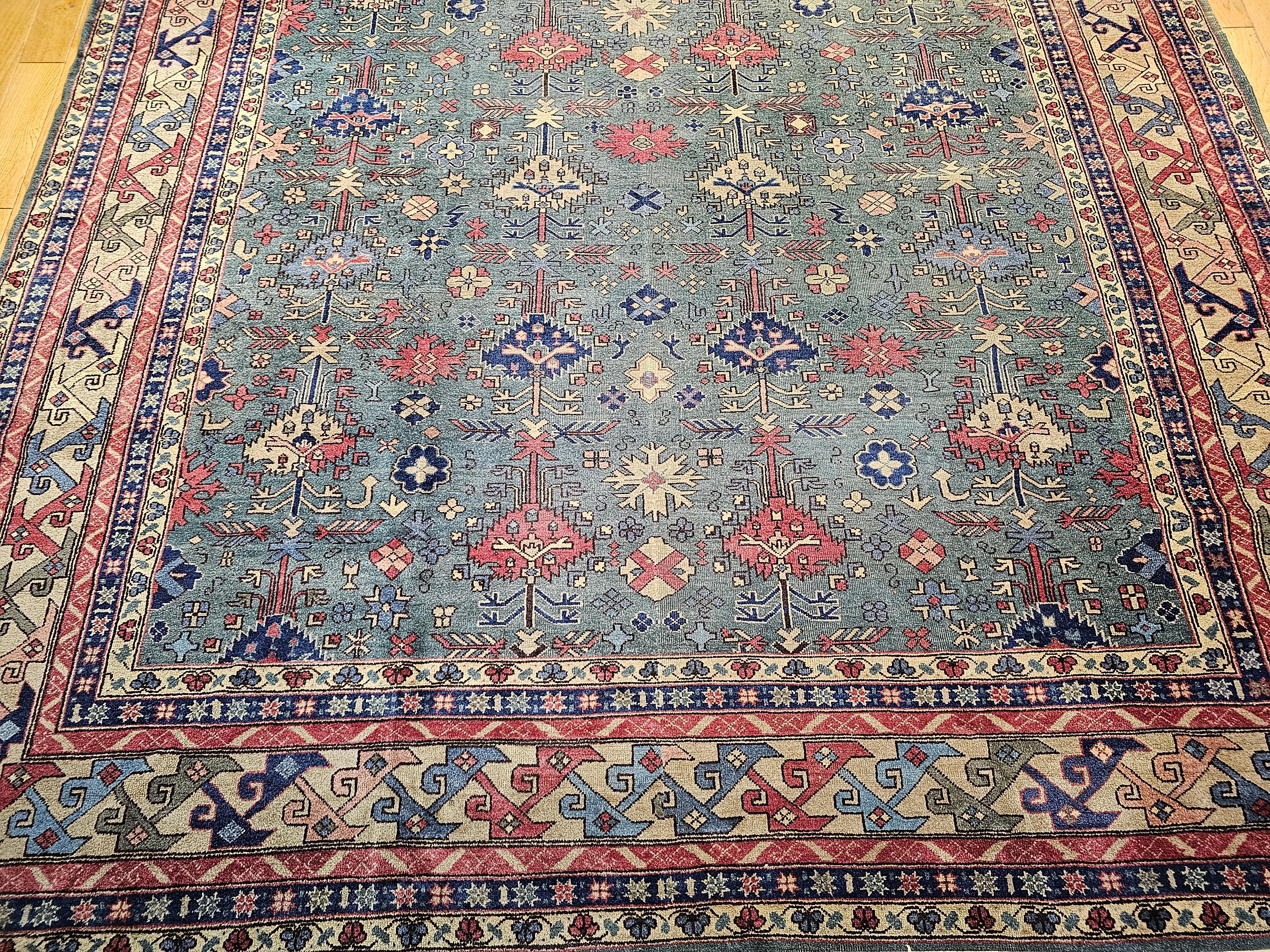 Übergroßer türkischer Vintage-Teppich in Allover-Geometrischem Muster in Teal, Blau, Grün (Türkisch) im Angebot