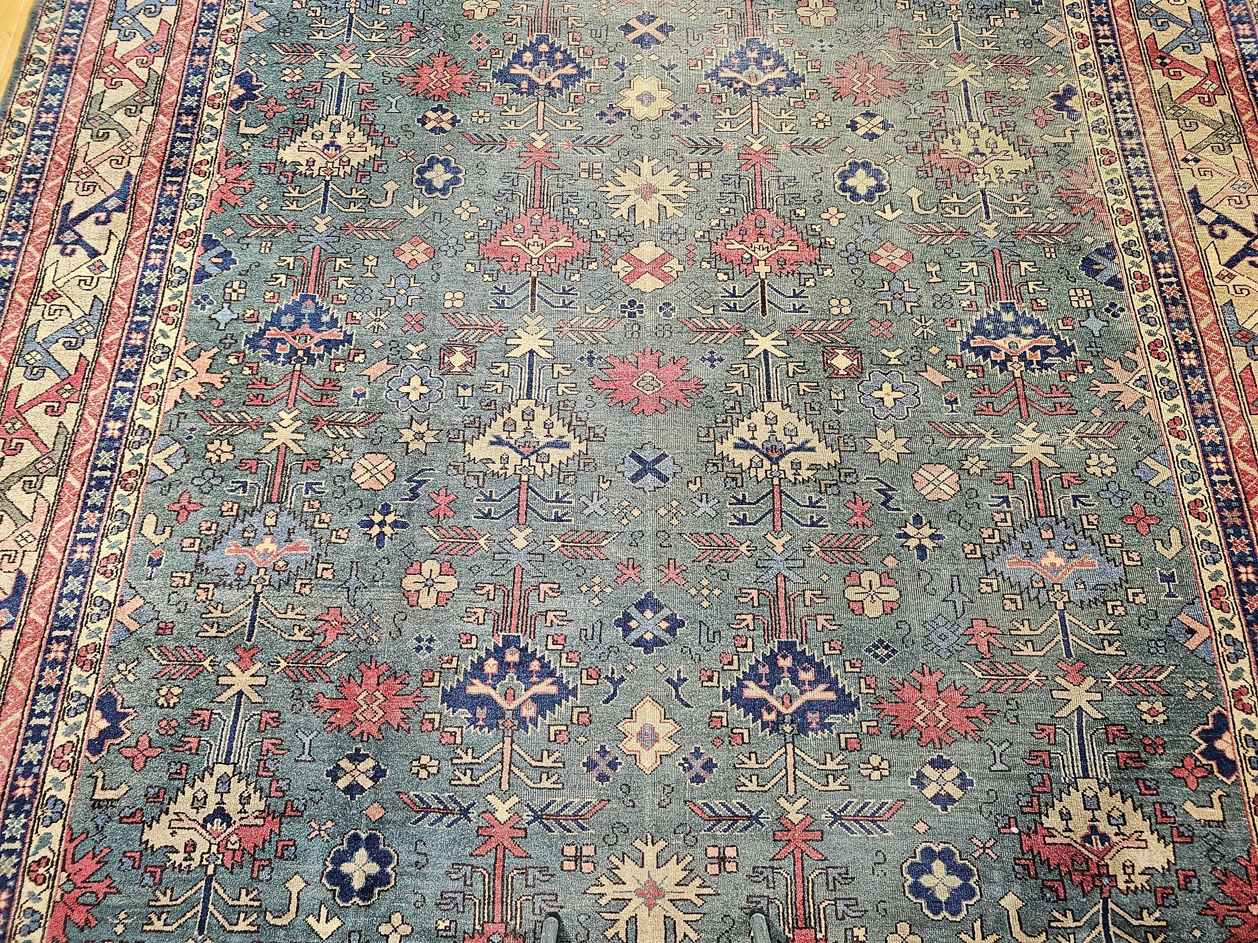 Übergroßer türkischer Vintage-Teppich in Allover-Geometrischem Muster in Teal, Blau, Grün (Handgeknüpft) im Angebot