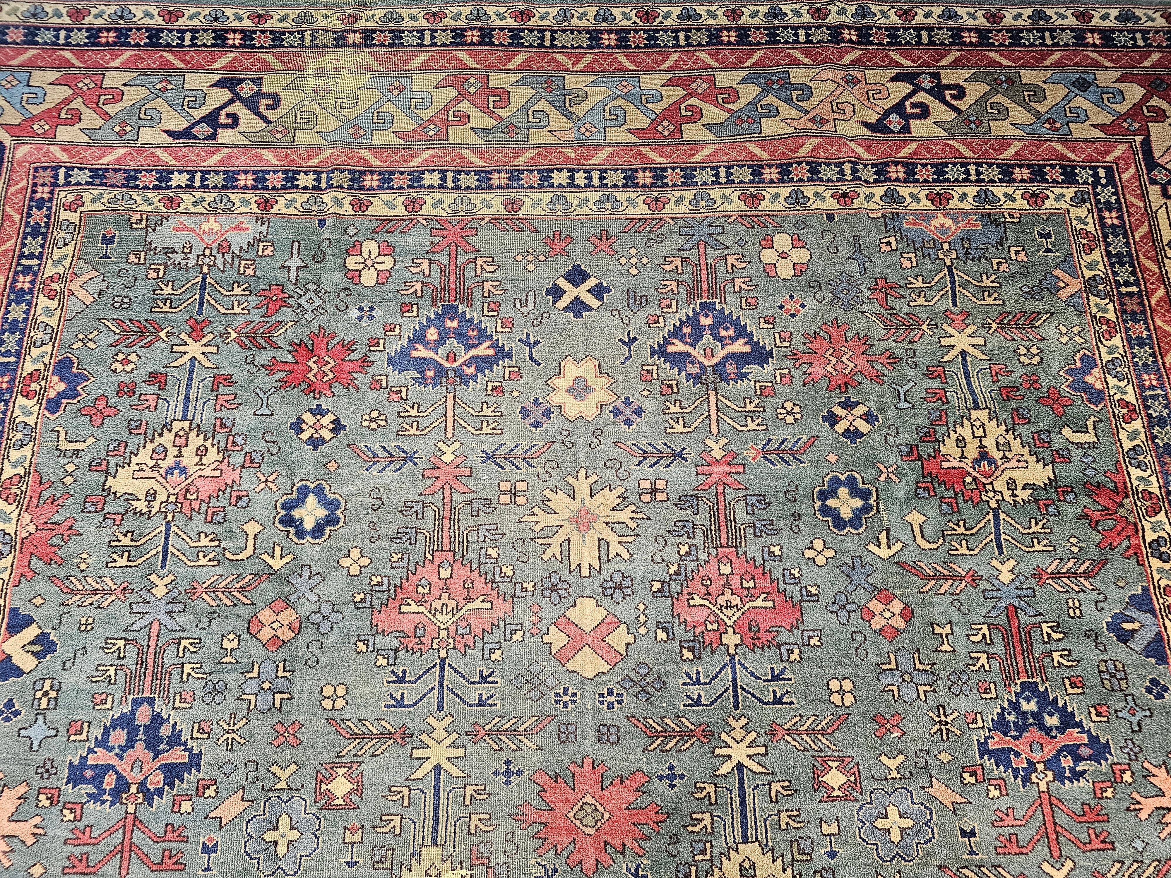 Übergroßer türkischer Vintage-Teppich in Allover-Geometrischem Muster in Teal, Blau, Grün (Wolle) im Angebot