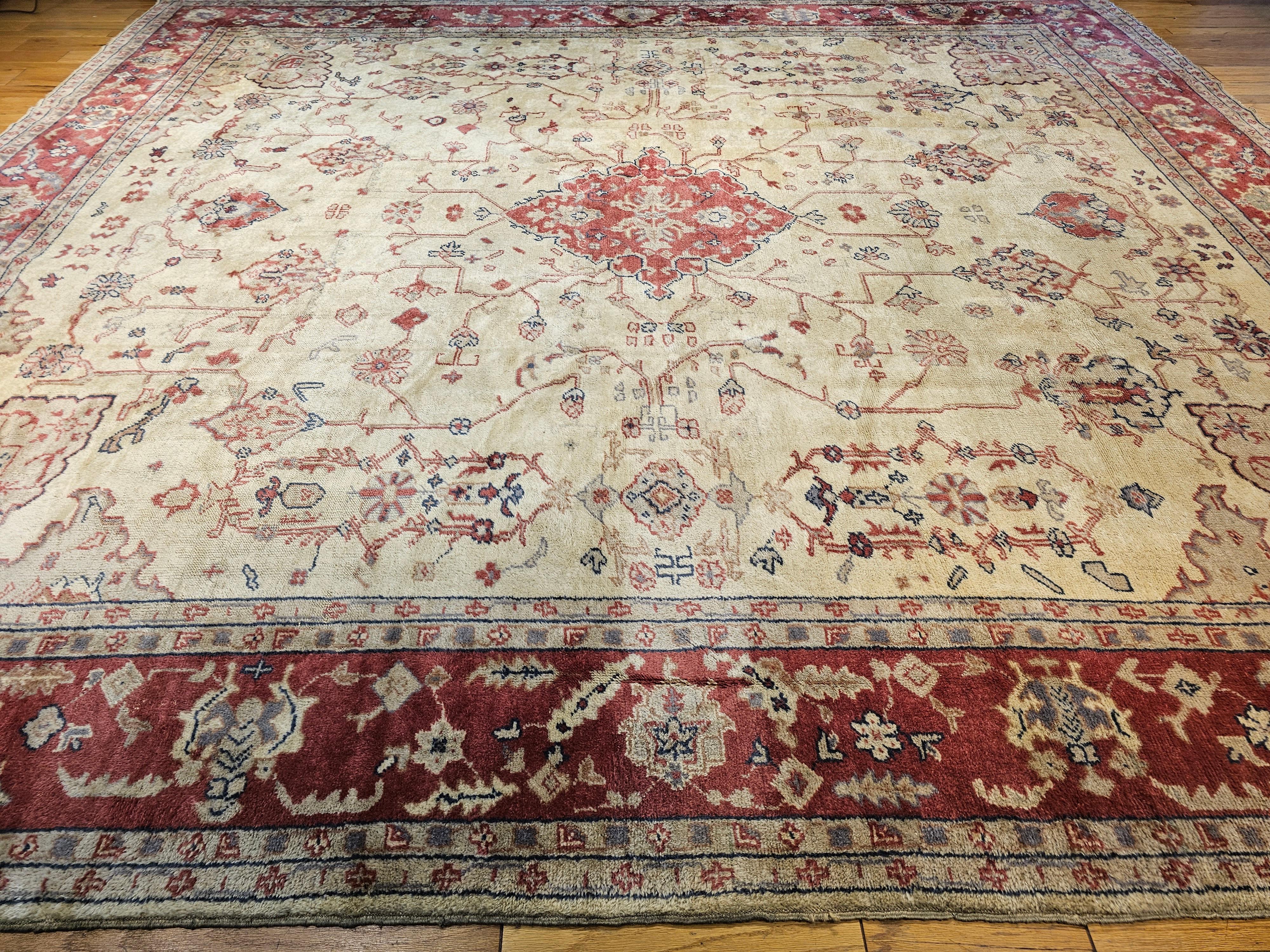 Vintage Oversize Square Turkish Oushak in Cream, Red, Pale Green, Pink For Sale 5
