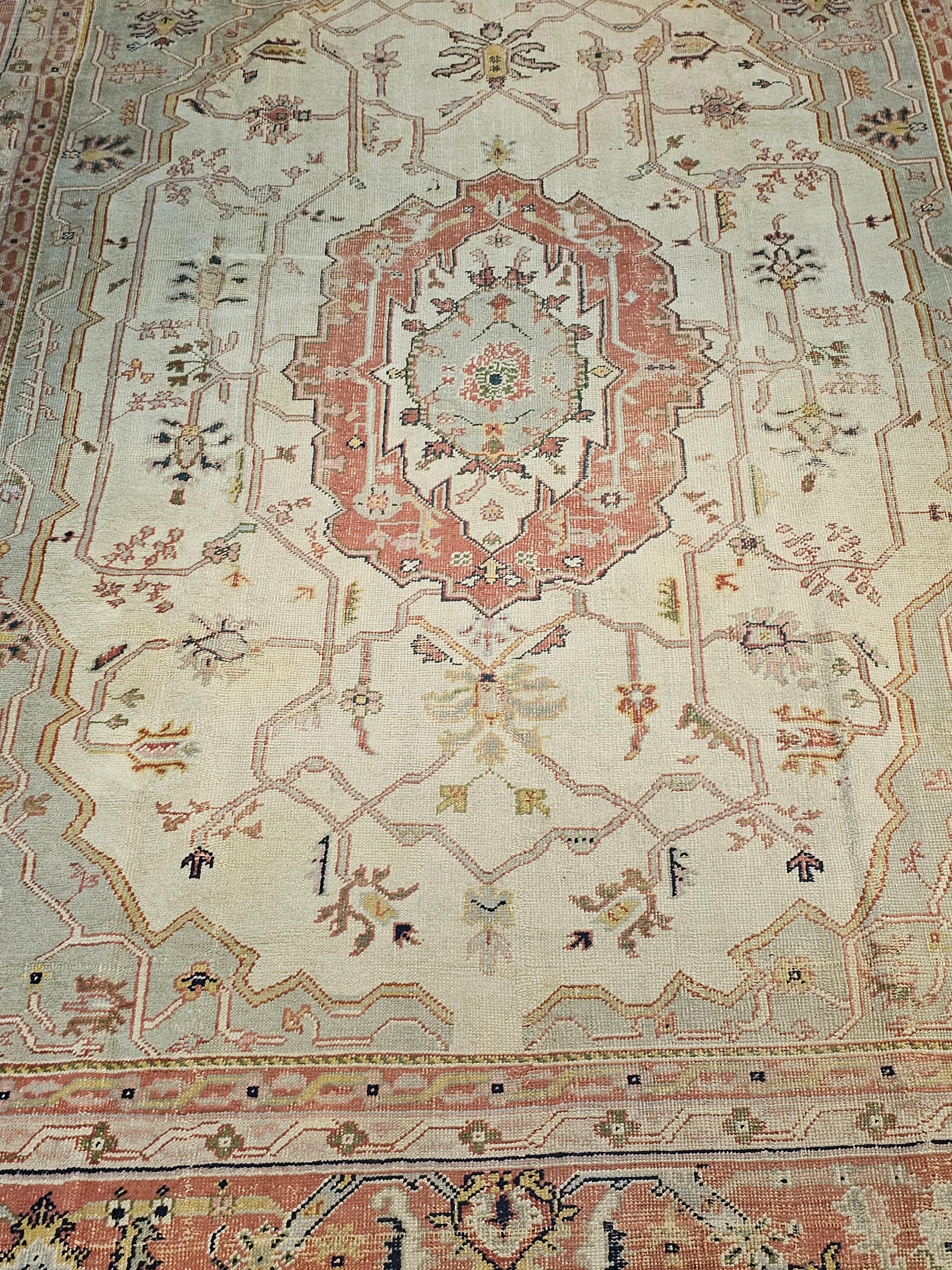 Vegetable Dyed Vintage Oversize Turkish Oushak in Ivory, Pale Green, Terracotta, Pink, Yellow For Sale