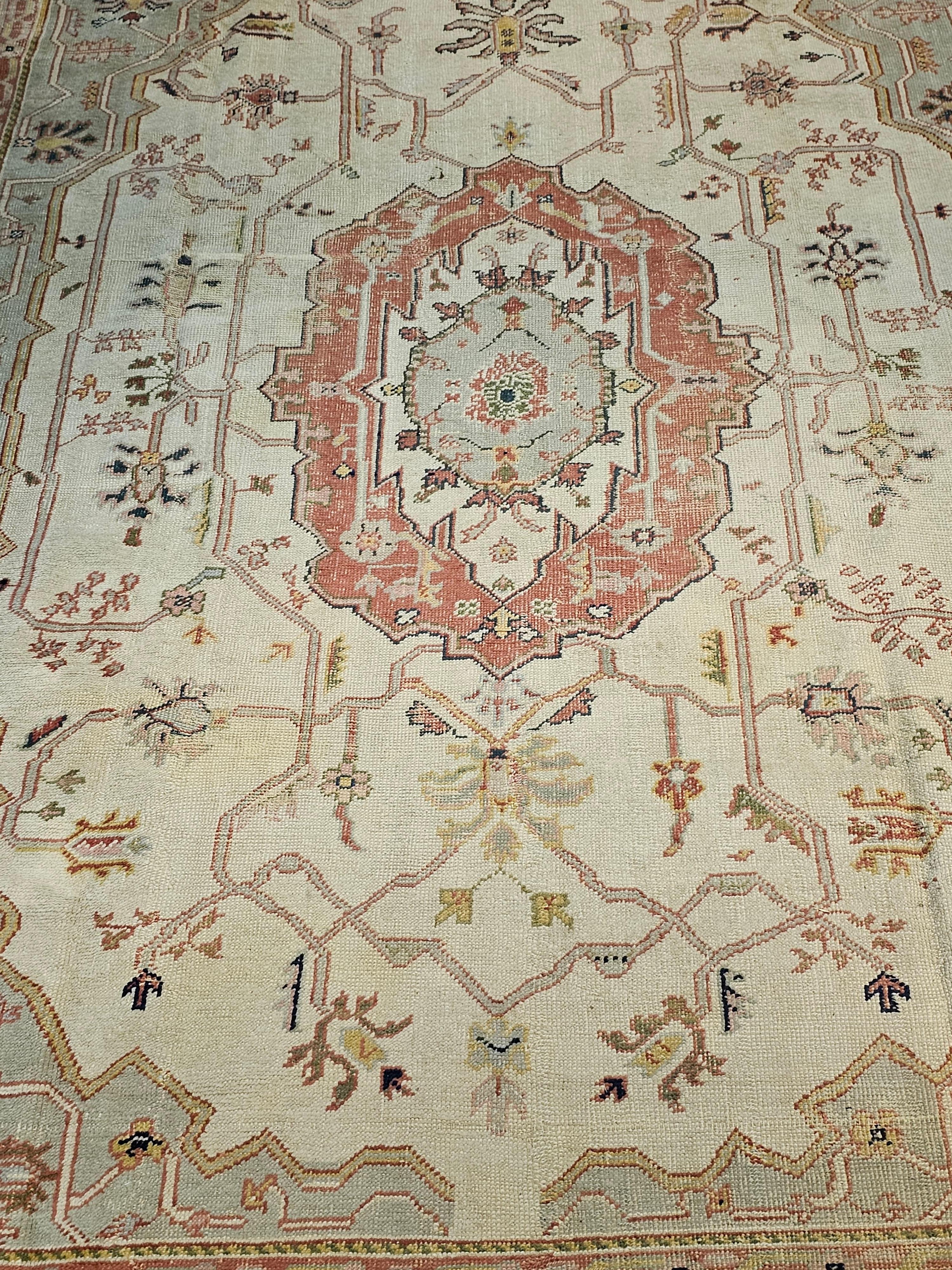 Vintage Oversize Turkish Oushak in Ivory, Pale Green, Terracotta, Pink, Yellow In Good Condition For Sale In Barrington, IL