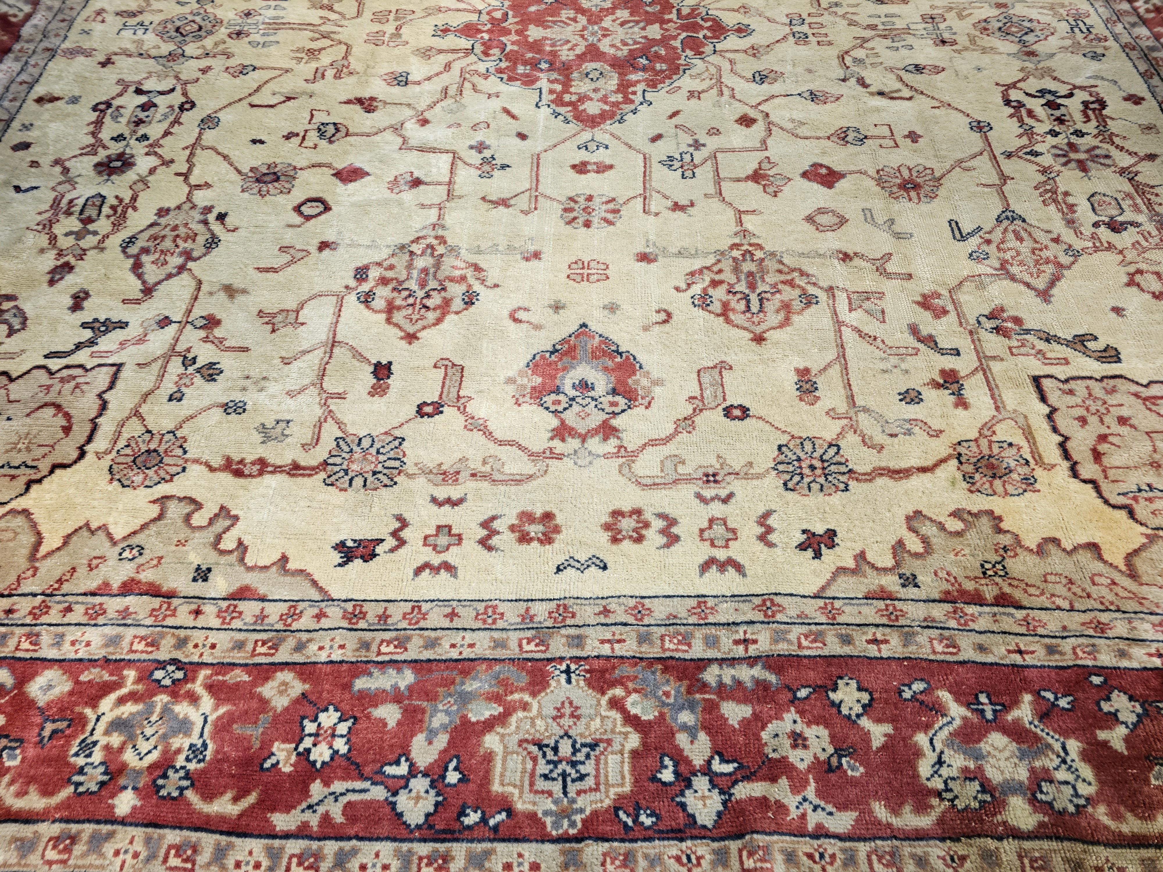 Vintage Oversize Square Turkish Oushak in Cream, Red, Pale Green, Pink In Good Condition For Sale In Barrington, IL