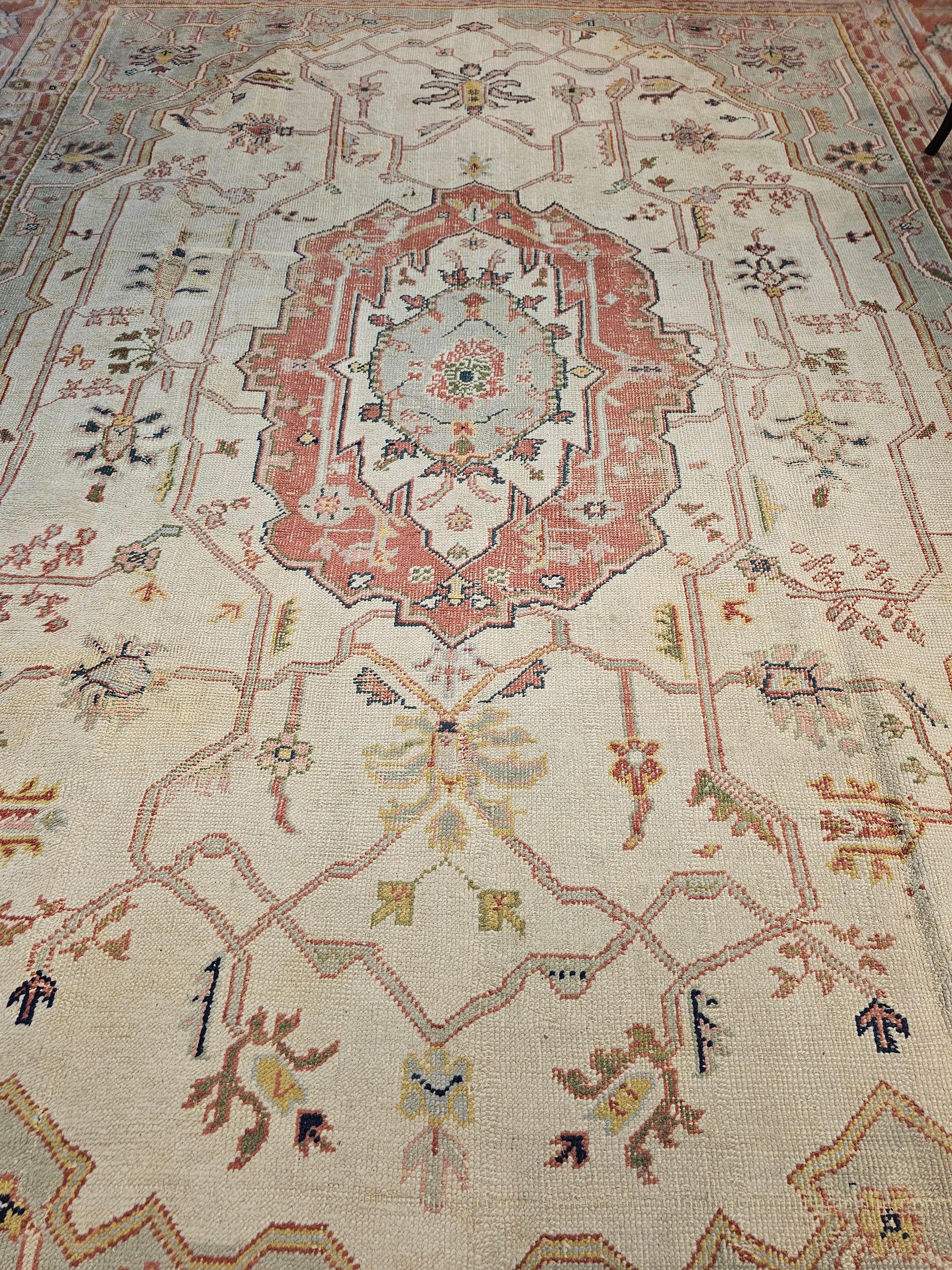 Wool Vintage Oversize Turkish Oushak in Ivory, Pale Green, Terracotta, Pink, Yellow For Sale