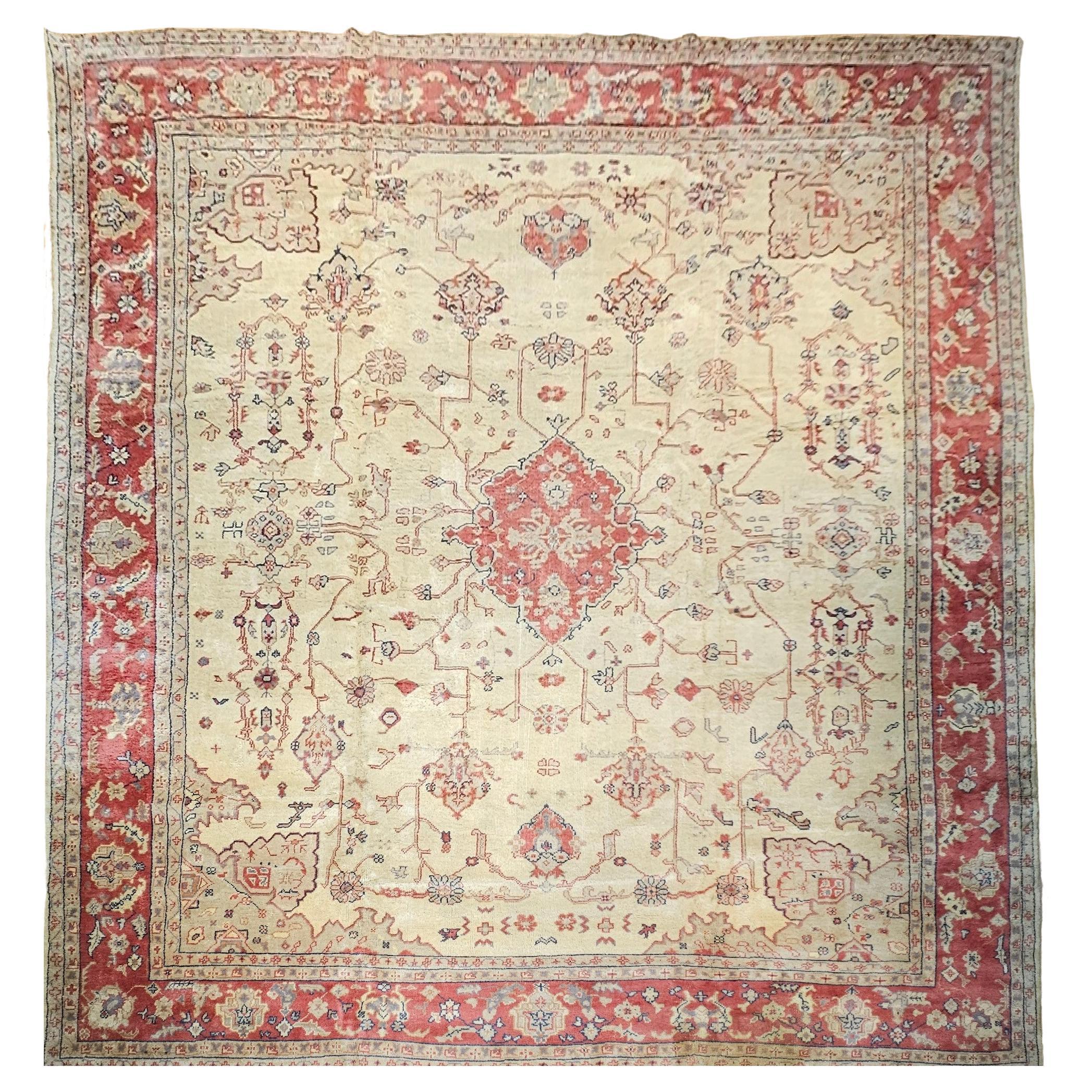 Vintage Oversize Square Turkish Oushak in Cream, Red, Pale Green, Pink For Sale