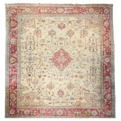Antique Oversize Square Turkish Oushak in Cream, Red, Pale Green, Pink