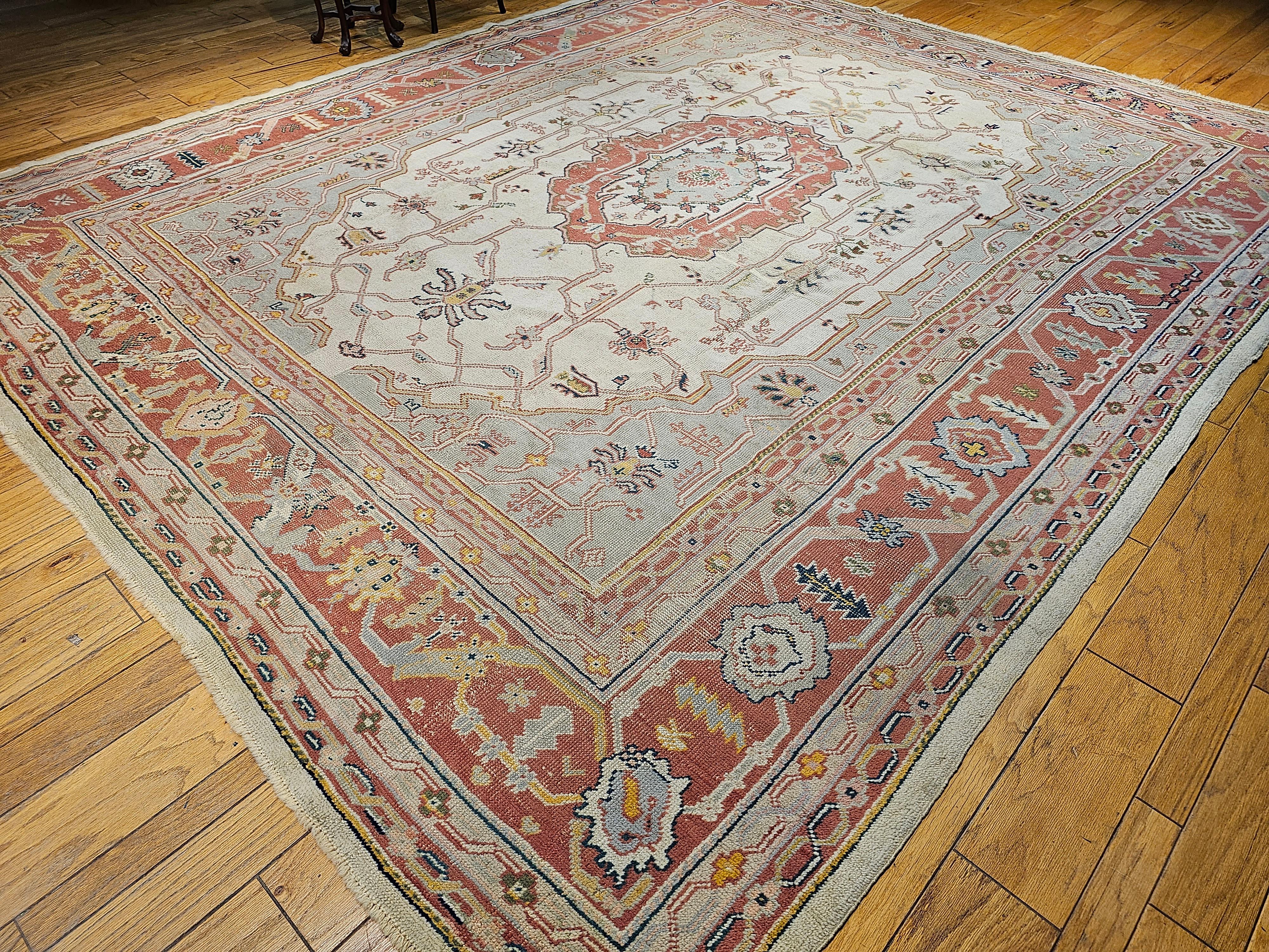 Vintage Oversize Turkish Oushak Rug in Ivory, Burgundy, Pale Green, Pink, Yellow For Sale 13