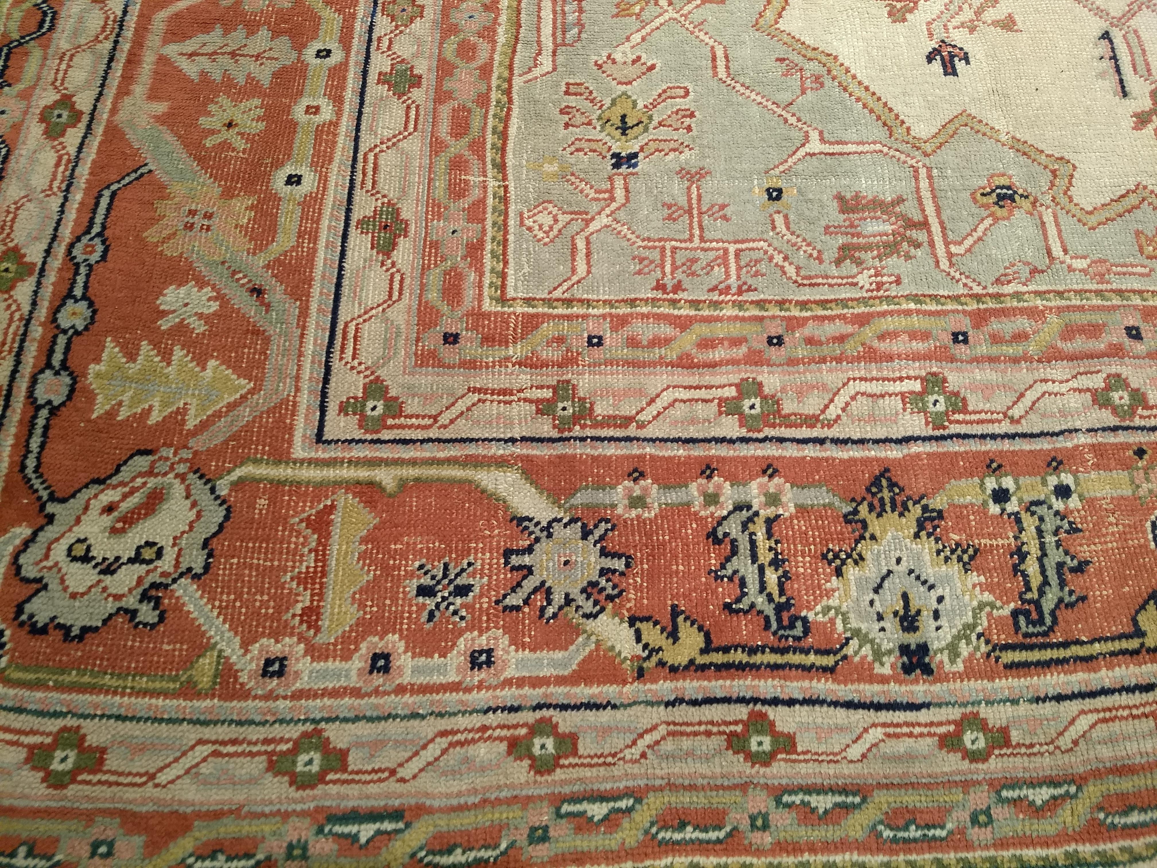 Vintage Oversize Turkish Oushak Rug in Ivory, Burgundy, Pale Green, Pink, Yellow For Sale 2