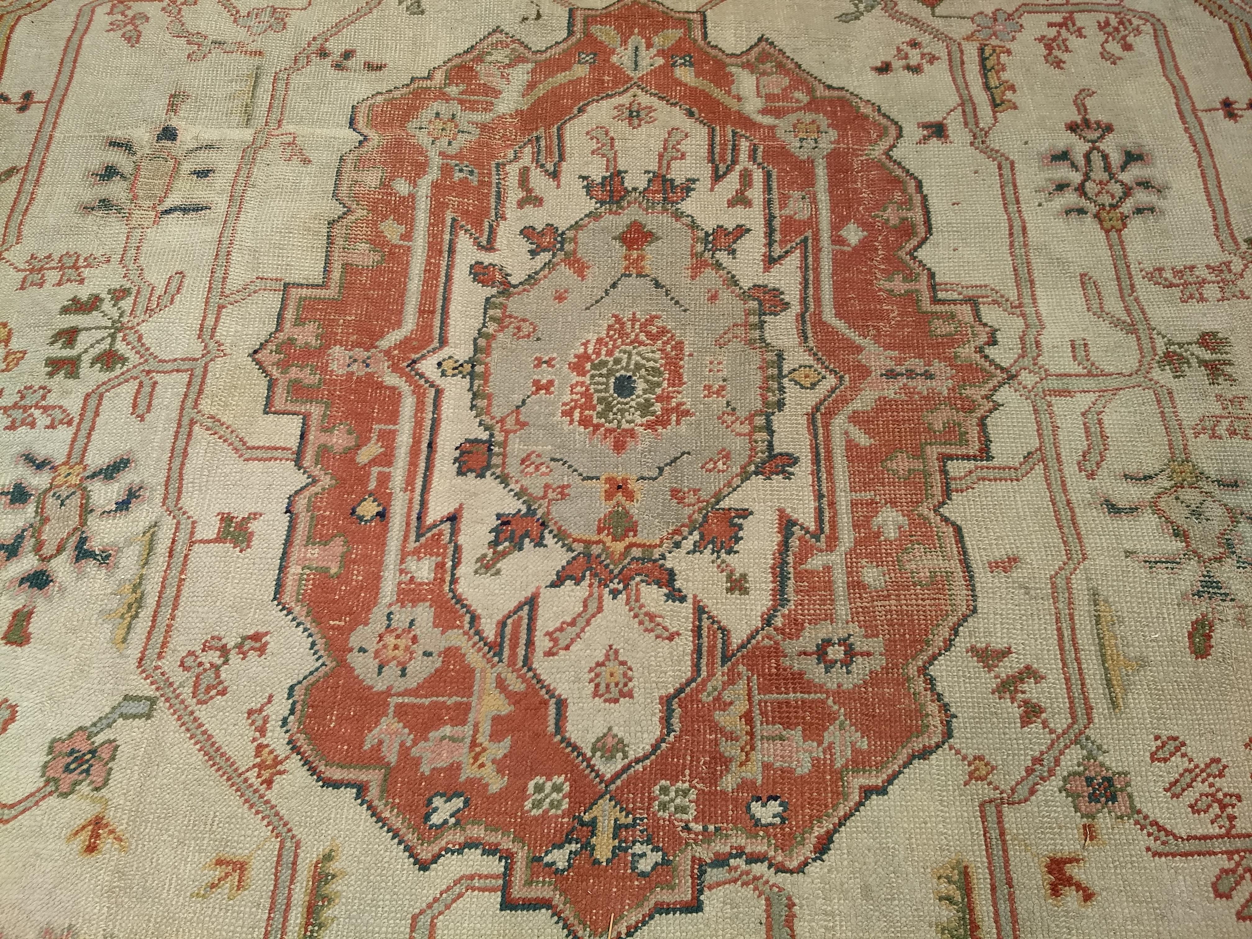 Vintage Oversize Turkish Oushak in Ivory, Pale Green, Terracotta, Pink, Yellow For Sale 5