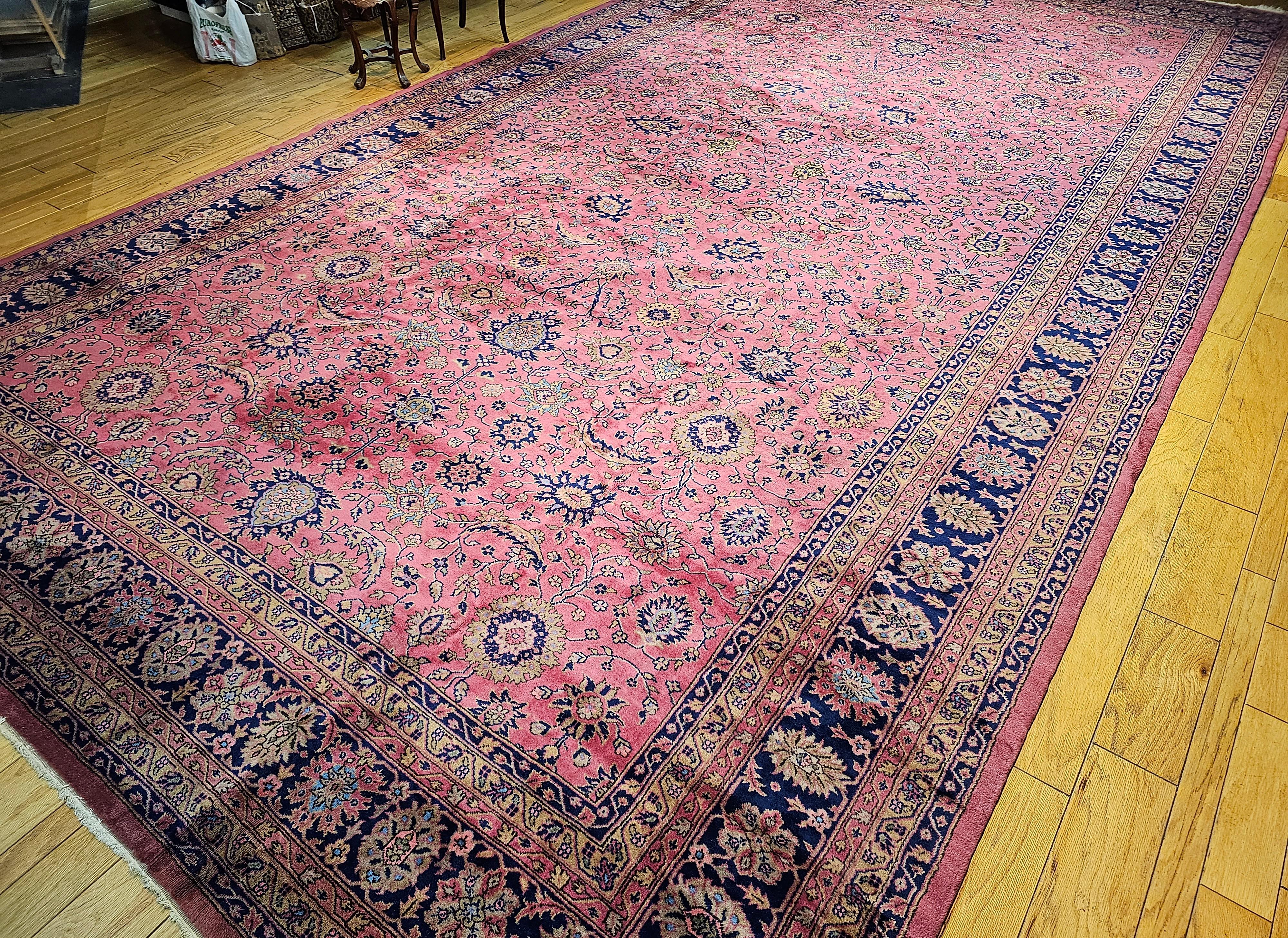 Vintage Oversize Turkish Rug in Allover Geometric Pattern in Pale Pink, Navy For Sale 10