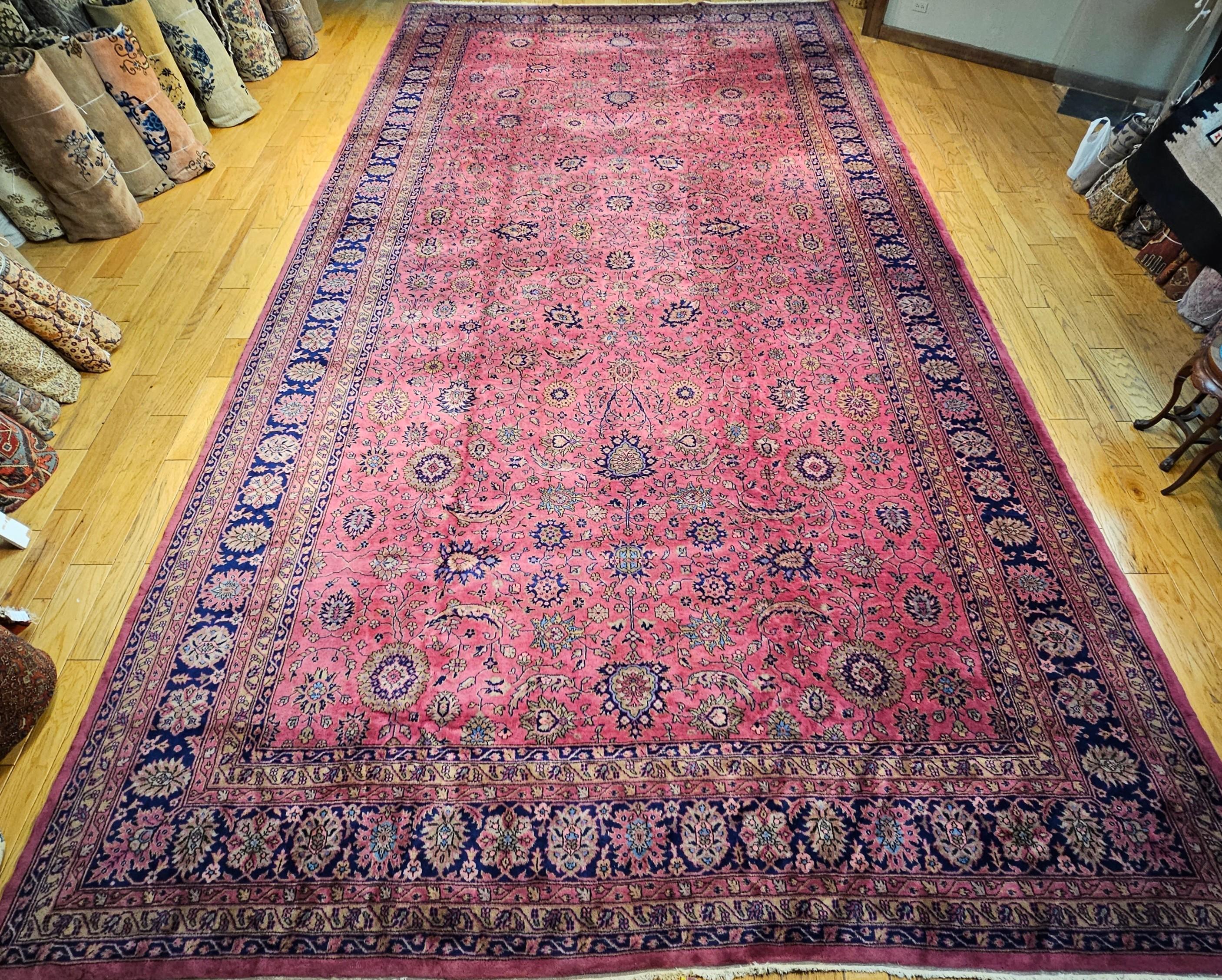 Vintage Oversize Turkish Rug in Allover Geometric Pattern in Pale Pink, Navy For Sale 11