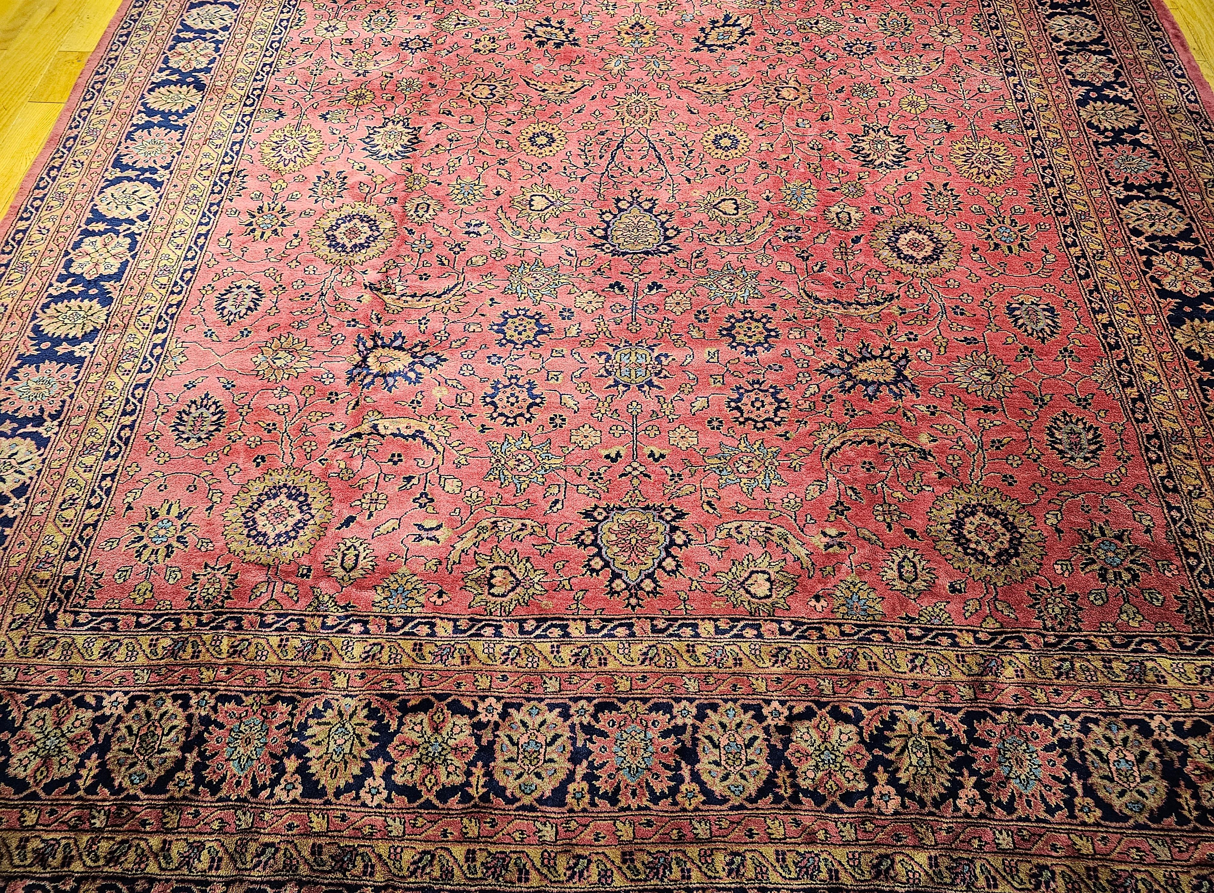 Alfombra Tabriz Vintage de Gran Tamaño con Diseño Geométrico en Rojo y Azul Marino Turco en venta