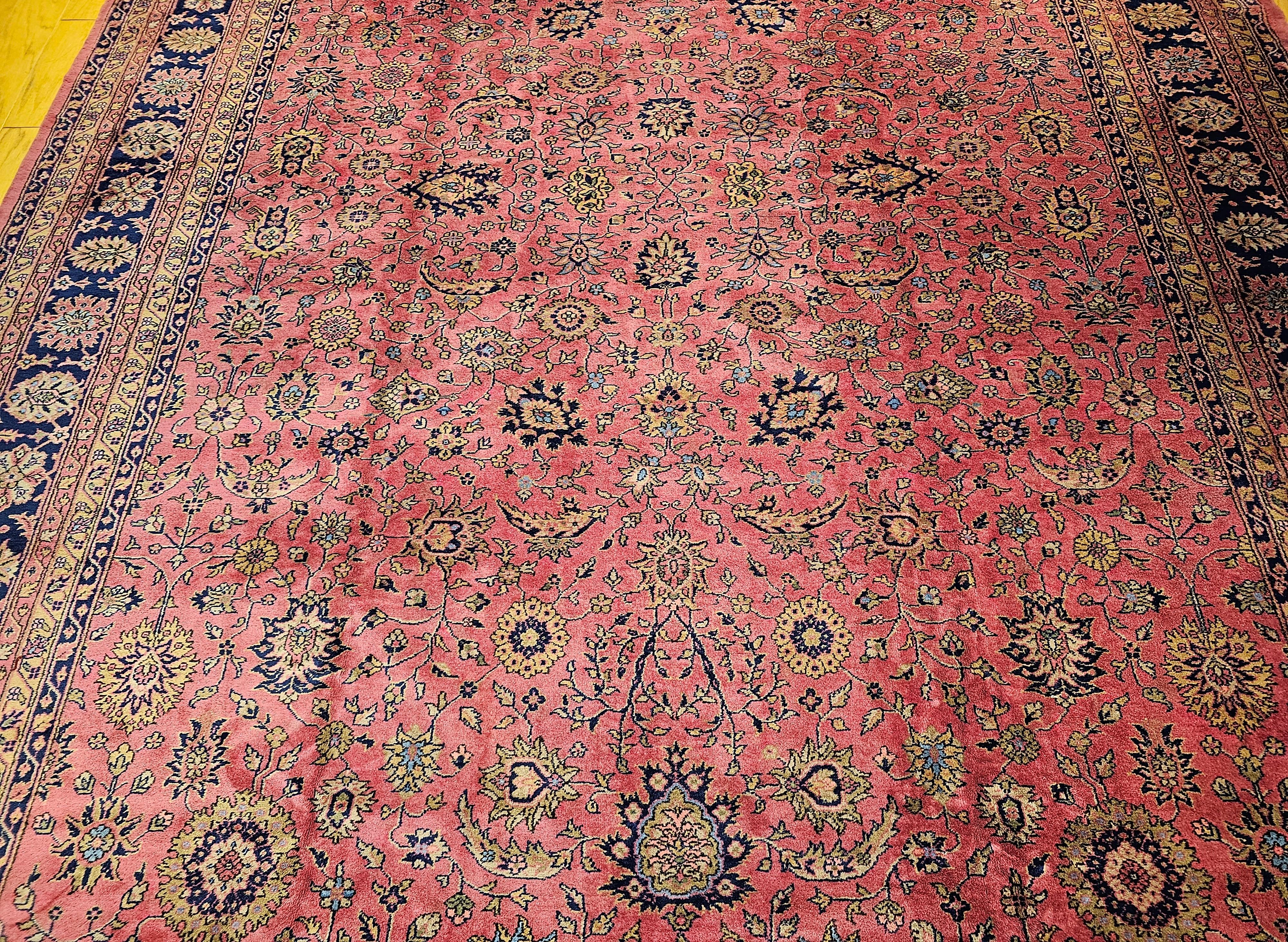 Vintage Oversize Turkish Rug in Allover Geometric Pattern in Pale Pink, Navy In Good Condition For Sale In Barrington, IL